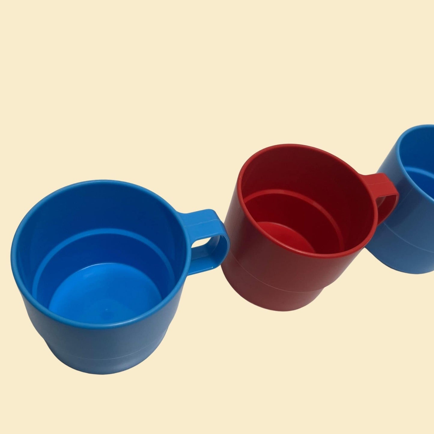 Vintage 70s Swedish plastic cups by Hammar Plast, 1970s stackable cups with handles, blue and red midcentury modern kitchenware