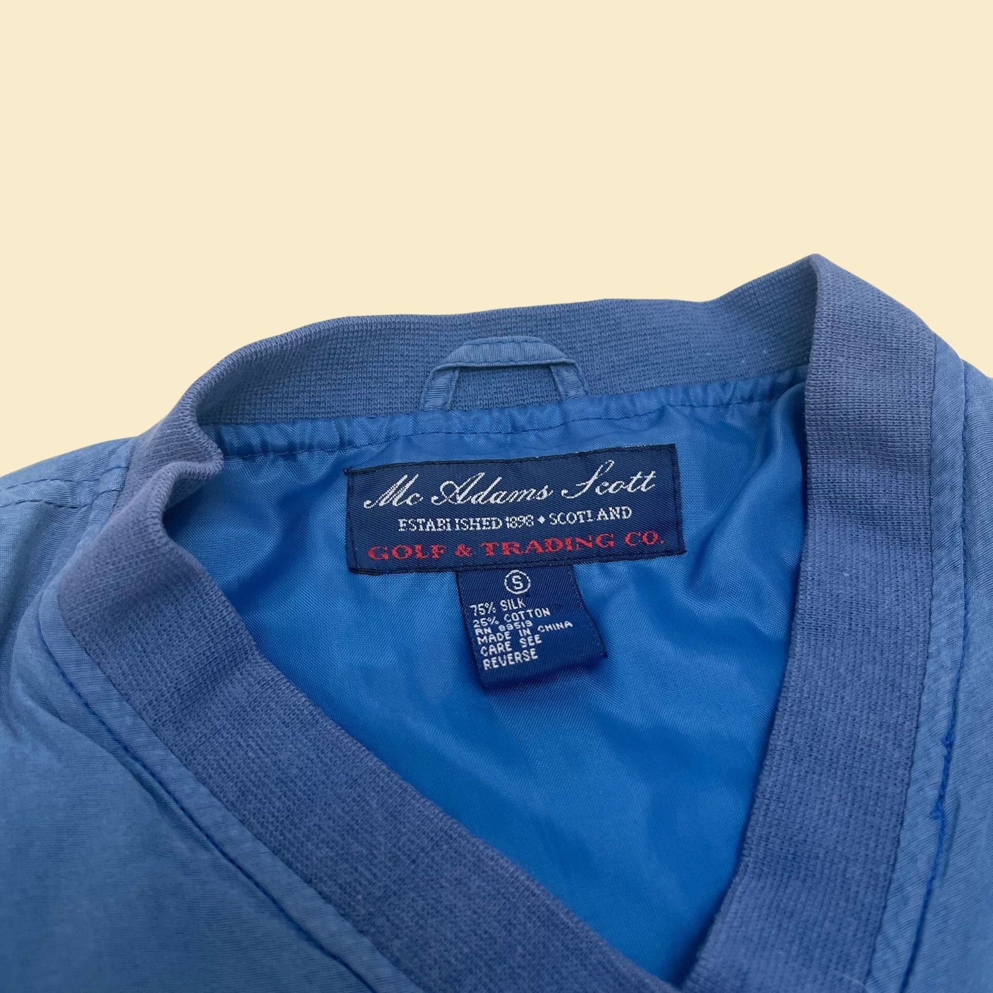 90s silk blue golf windbreaker by Mc Adams Scott, vintage v-neck pullover windbreaker, men's 1990s windbreaker jacket