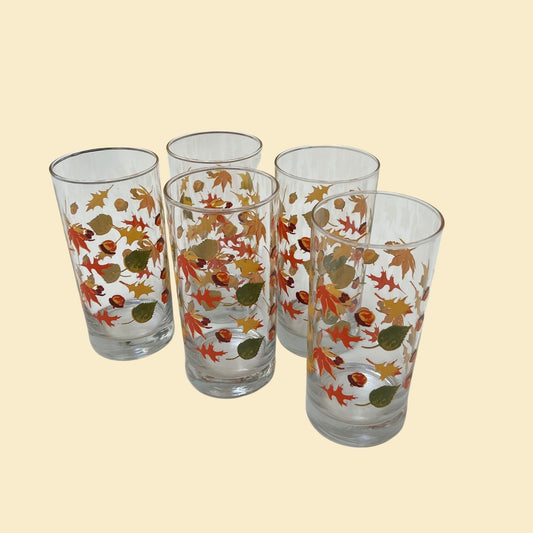 1970s autumn leaf drinking glasses by Crisa, 70s vintage burnt orange and yellow cups, set of 5 vintage tumblers