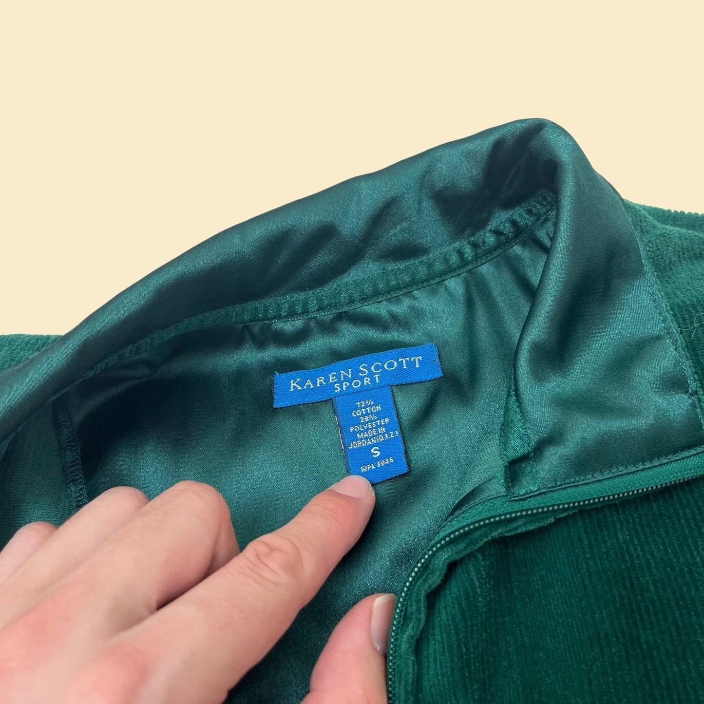 90s green velour jacket by Karen Scott sport, vintage velour track jacket with pockets, 1990s women's lightweight zip up