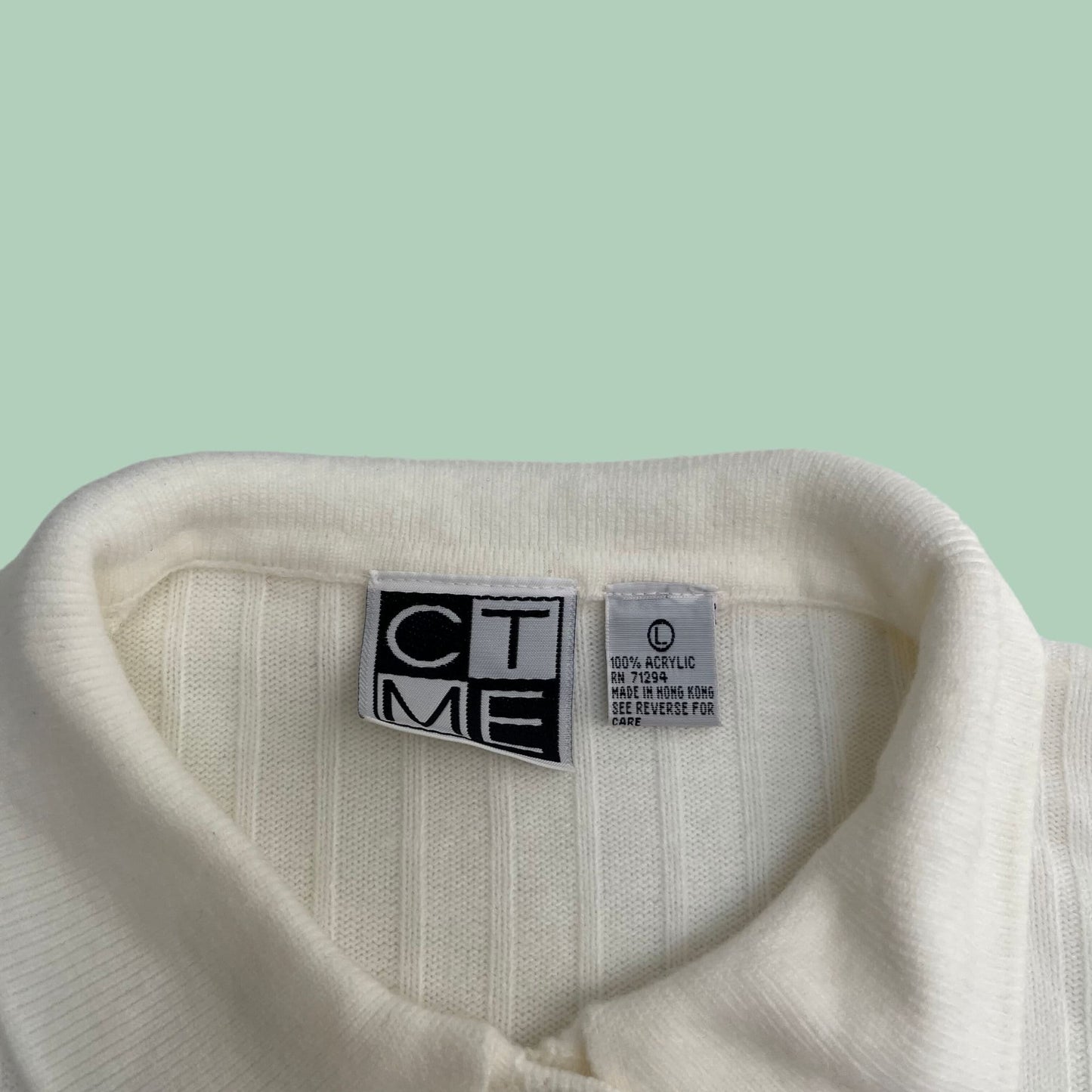 80s large knit men's off white shirt by CTME, vintage men's quarter button down long sleeve with collar, 1980s polo with ribbed stripes