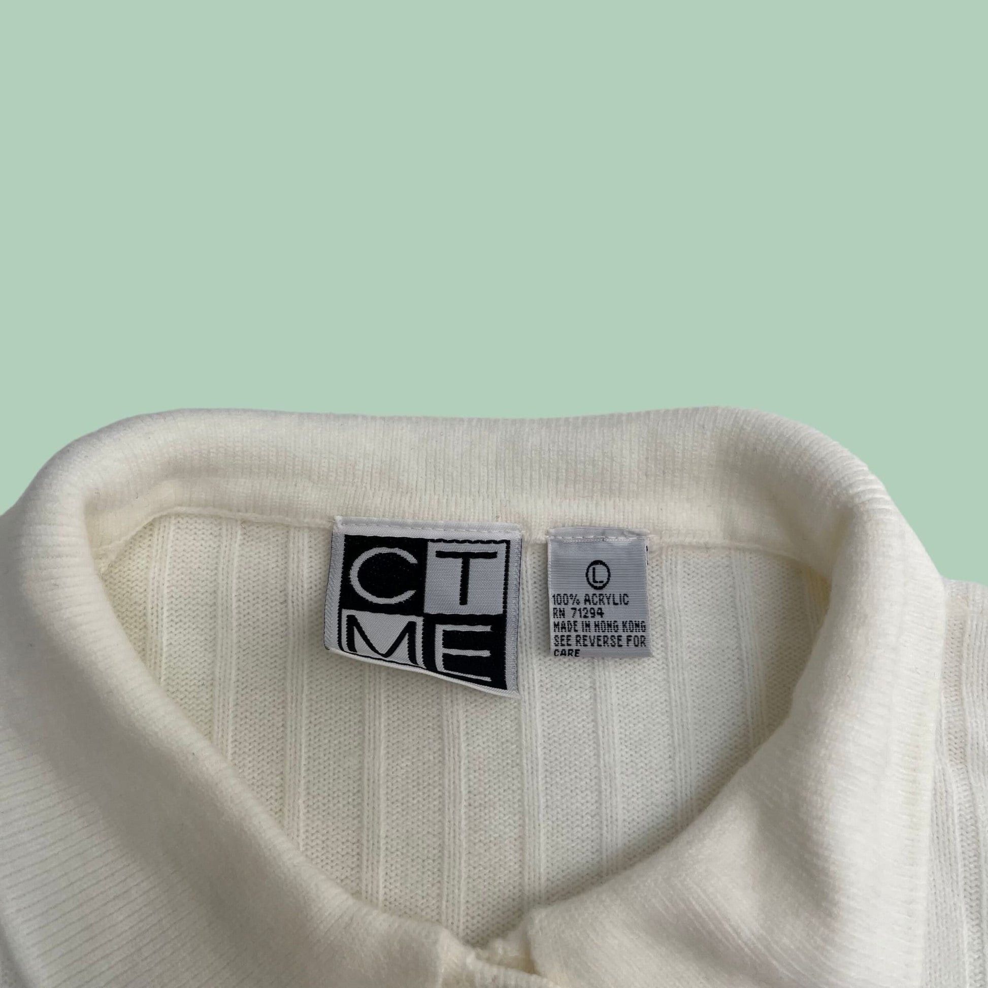 80s large knit men's off white shirt by CTME, vintage men's quarter button down long sleeve with collar, 1980s polo with ribbed stripes