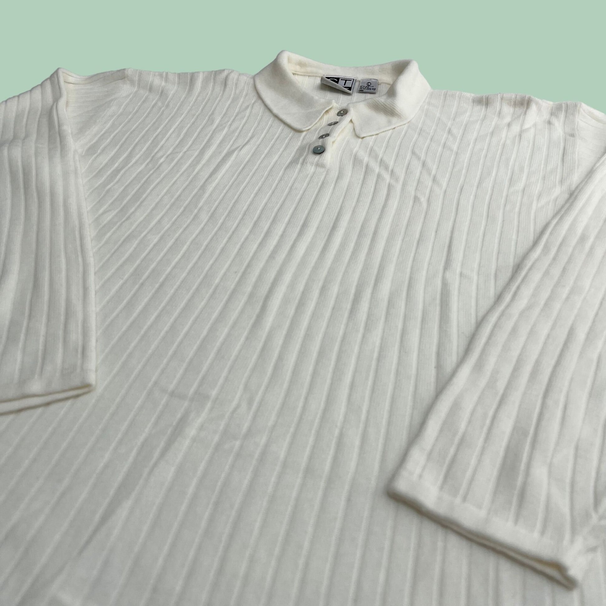 80s large knit men's off white shirt by CTME, vintage men's quarter button down long sleeve with collar, 1980s polo with ribbed stripes