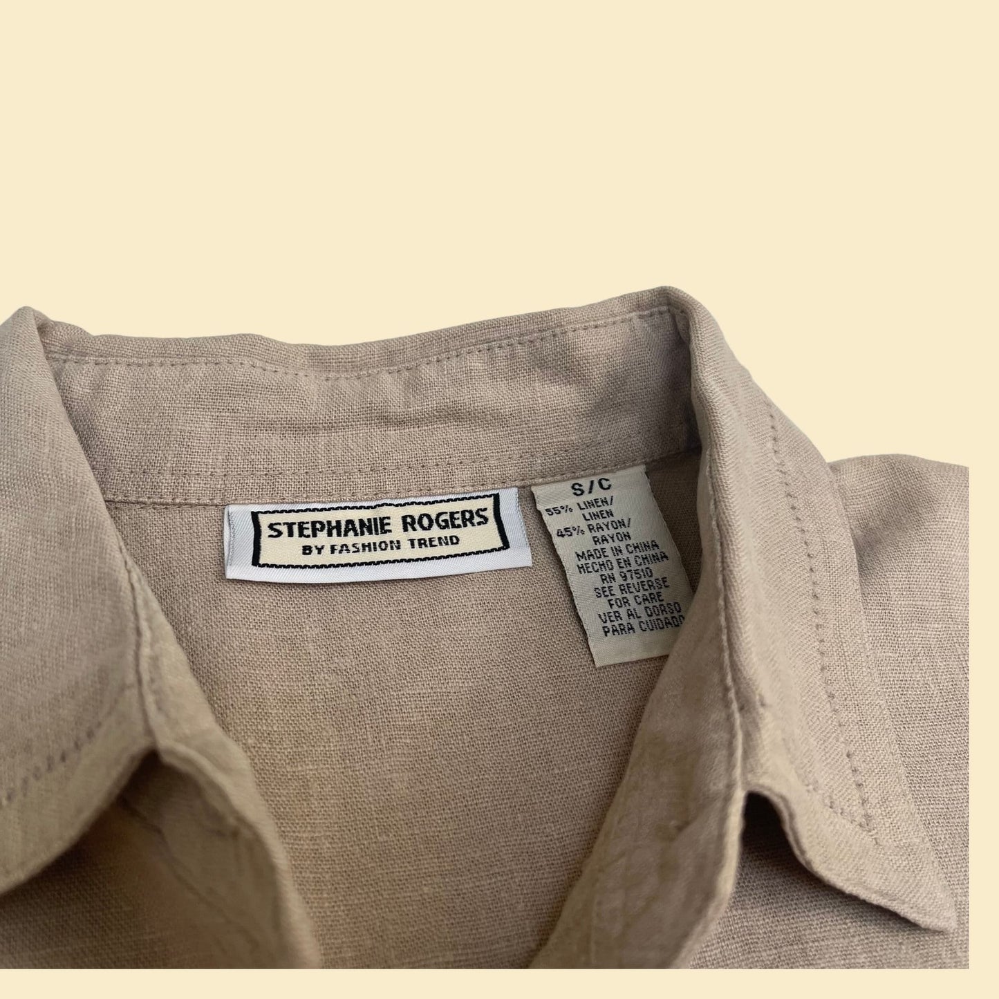 90s women's linen shirt by Stephanie Rogers, vintage beige short sleeve button down, 1990s women's khaki linen blouse