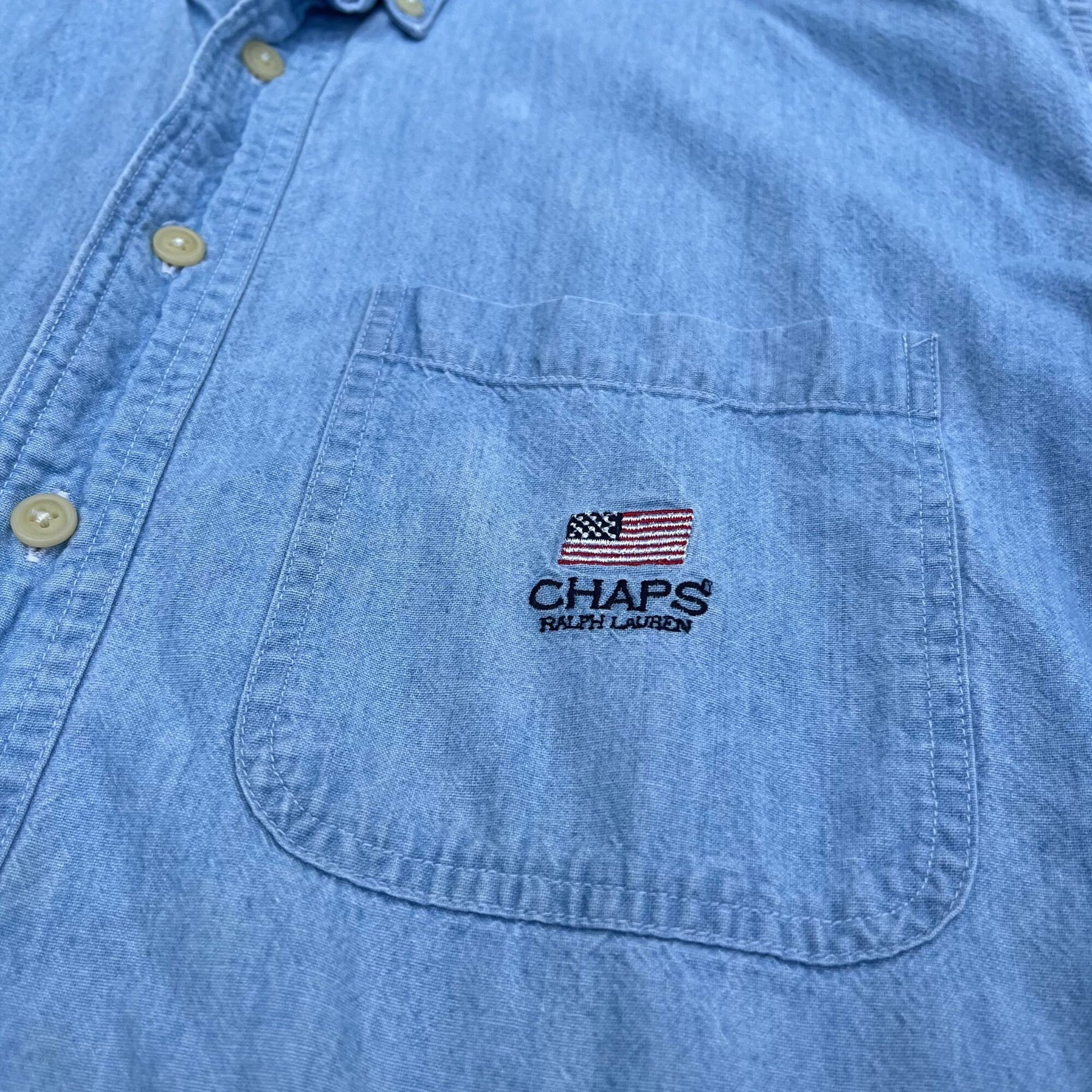 90s chambray shirt by Chaps Ralph Lauren, small vintage button down 1990s denim top, small jean shirt with pocket and long sleeves