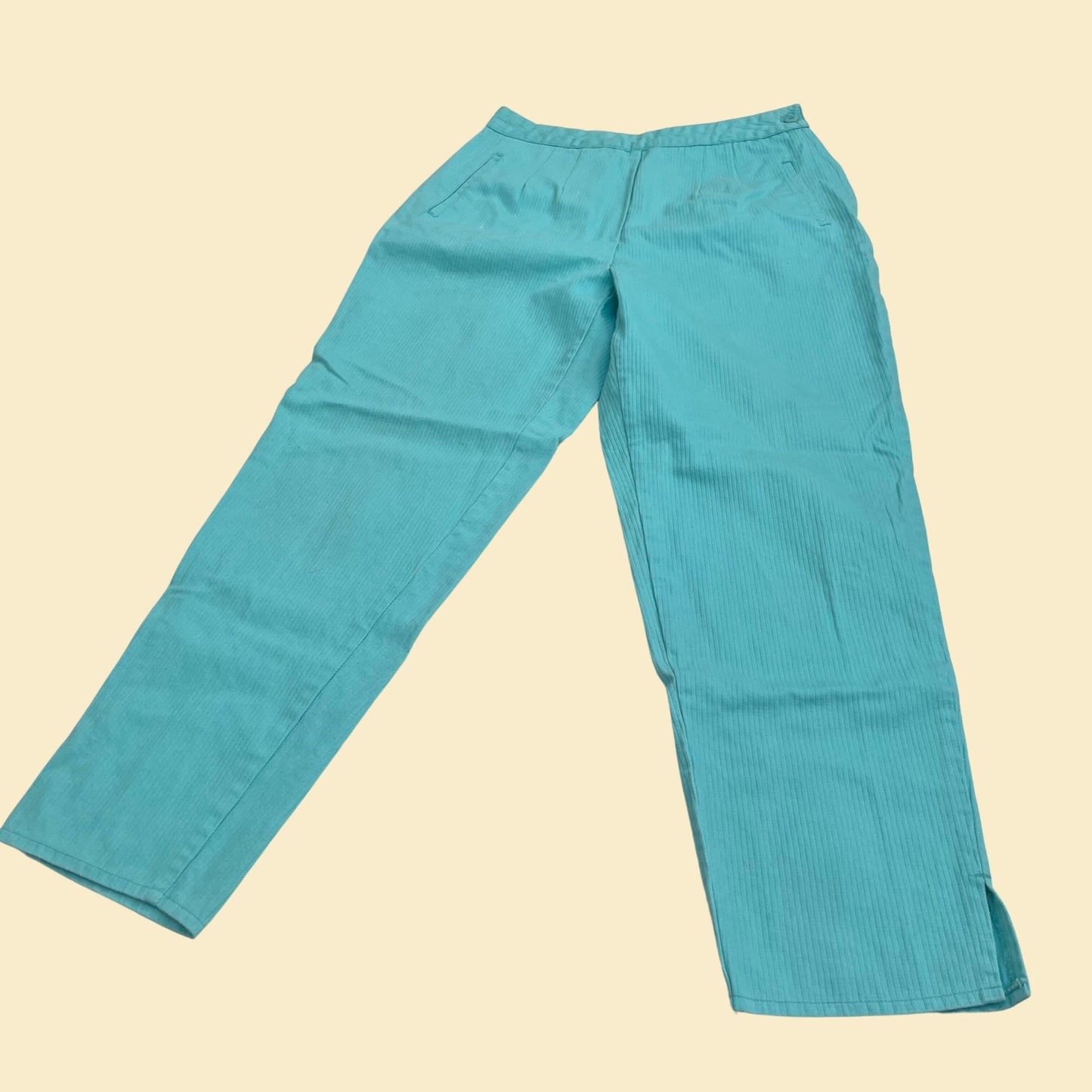 80s teal pants by Organically Grown, vintage side zip size 13 ribbed jeans, turquoise women's 1980s pants