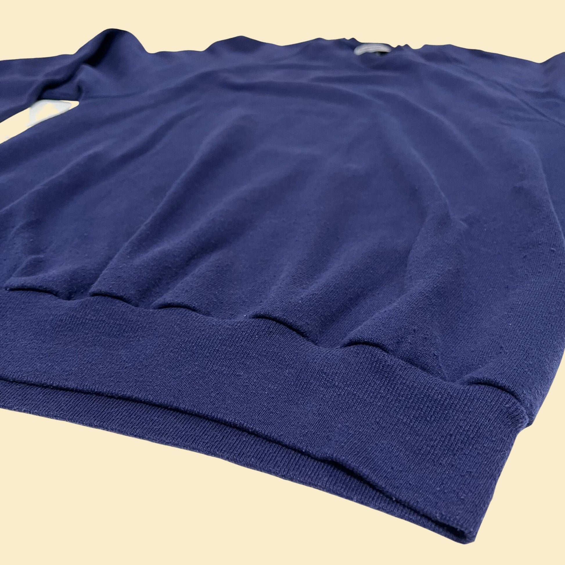 80s blue crewneck sweatshirt by Participant, large vintage dark blue pullover with fleece lining, 1980s soft crew sweatshirt