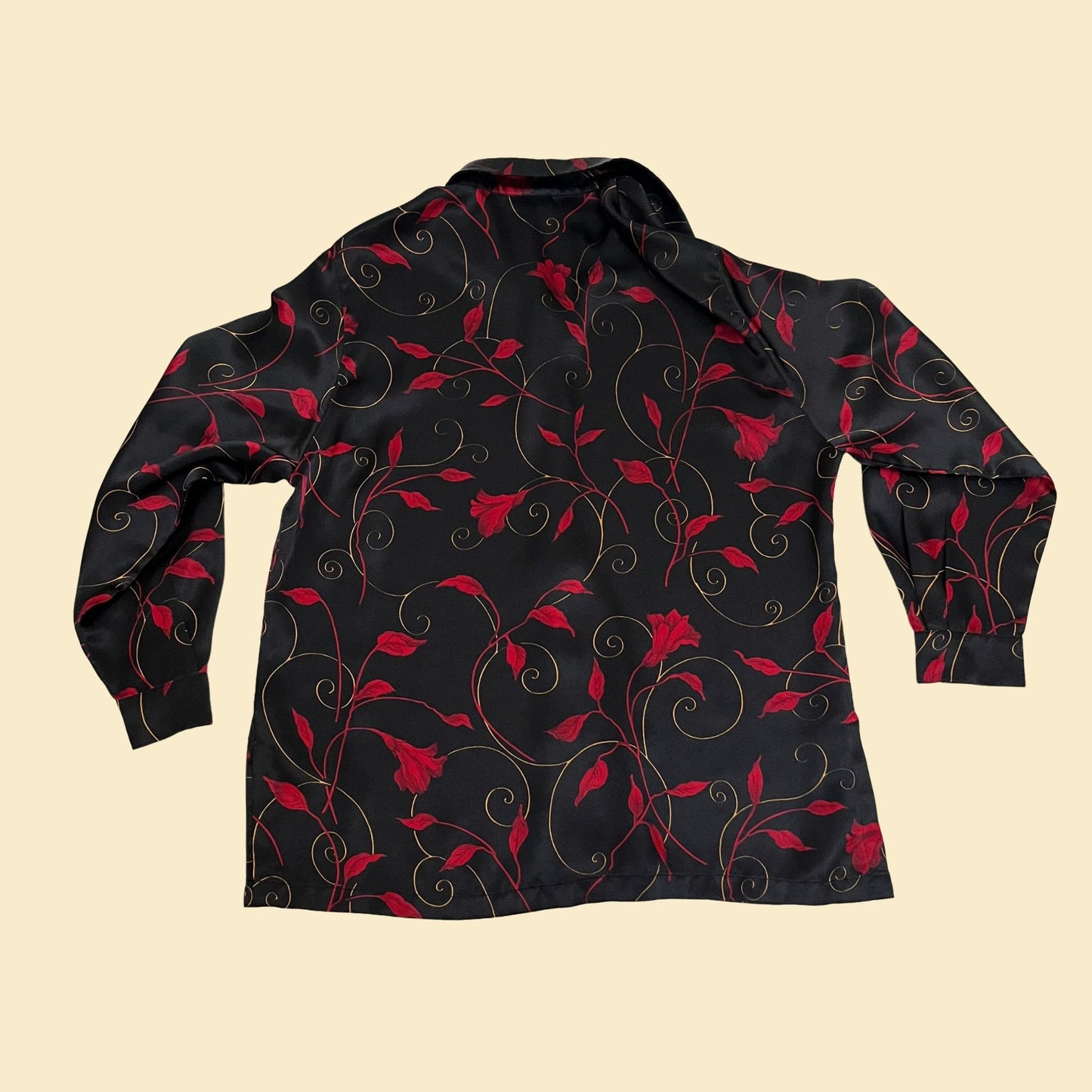 1980s patterned satin shirt by Horst Basler, vintage red and black floral blouse with brass buttons, 80s women's button down