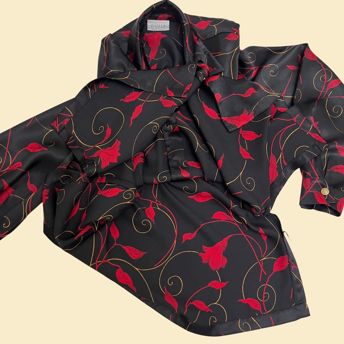 1980s patterned satin shirt by Horst Basler, vintage red and black floral blouse with brass buttons, 80s women's button down