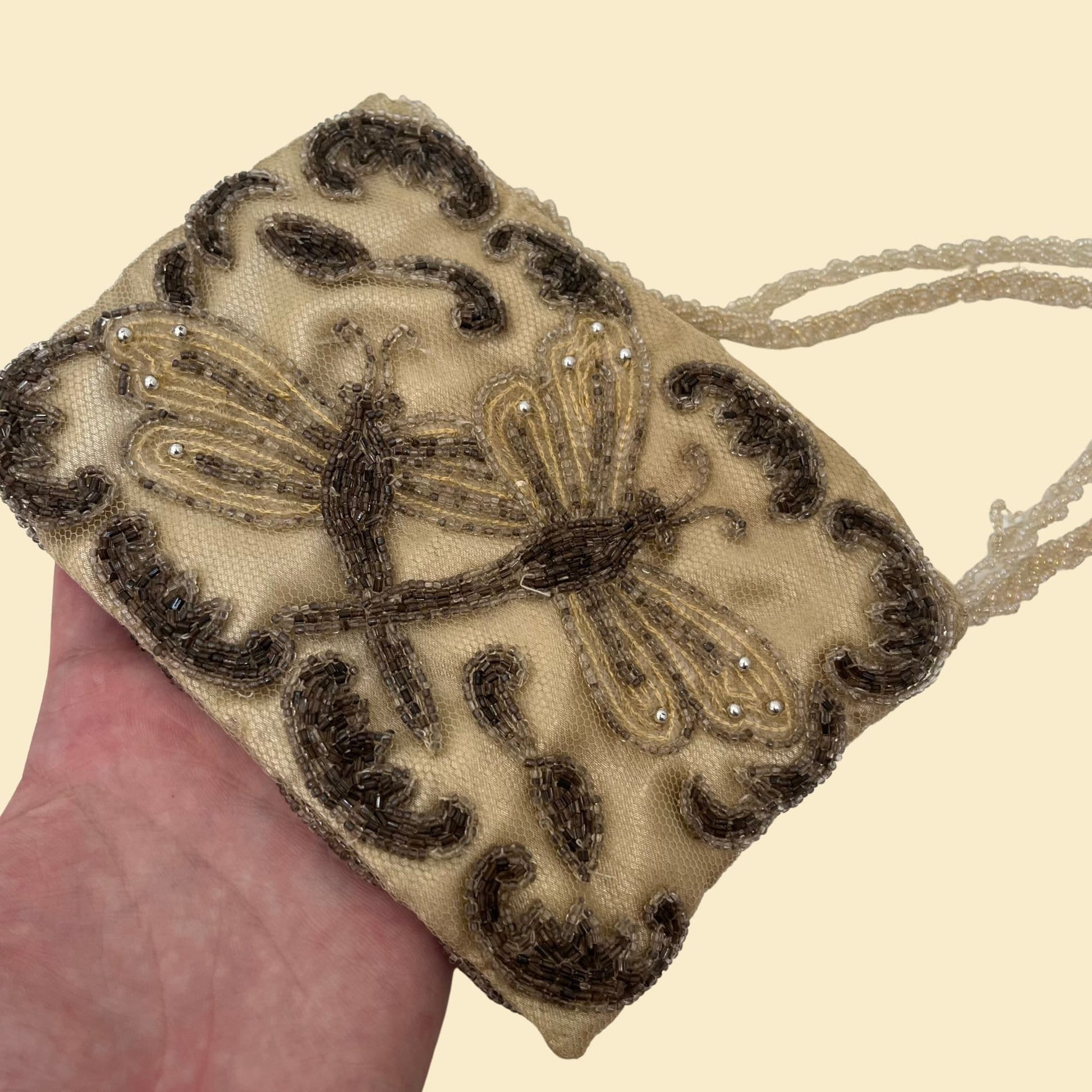 1980s beaded clutch bag with dragonfly designs by Christiana, vintage 80s glass bead purse, patterned summer handbag