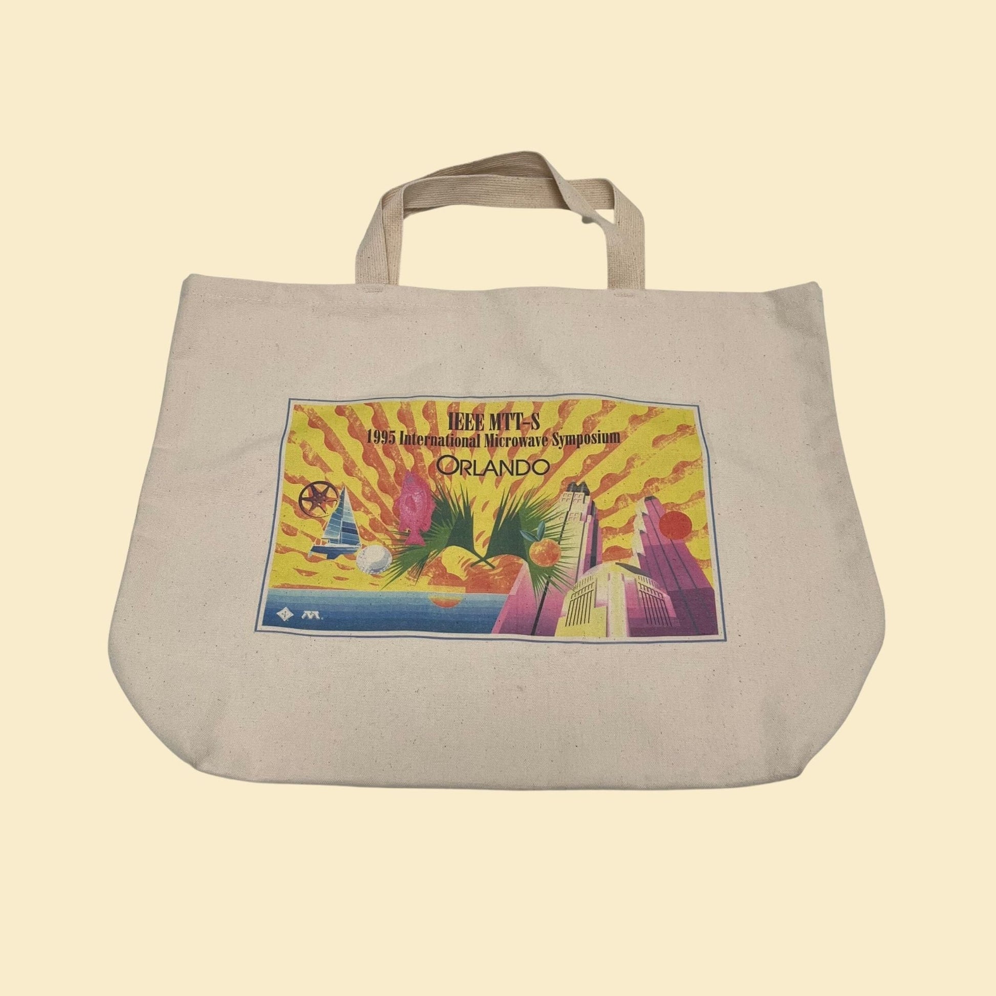 90s canvas tote bag with beach graphics & corporate logo, vintage tote bag in blue and beige, 1995 canvas bag