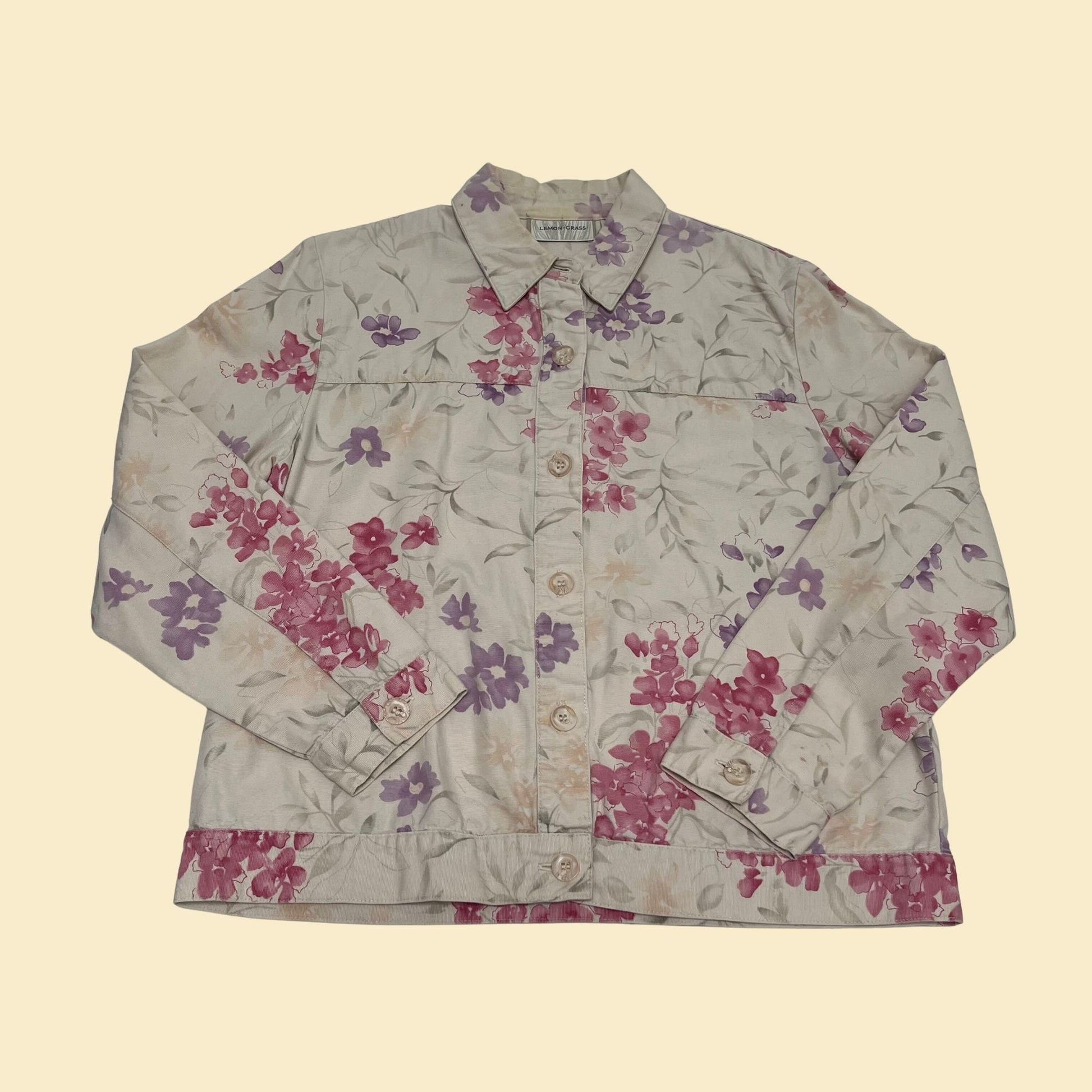 90s small floral shirt by Lemon Grass, vintage flower patterned women's button down, 1990s thick button down