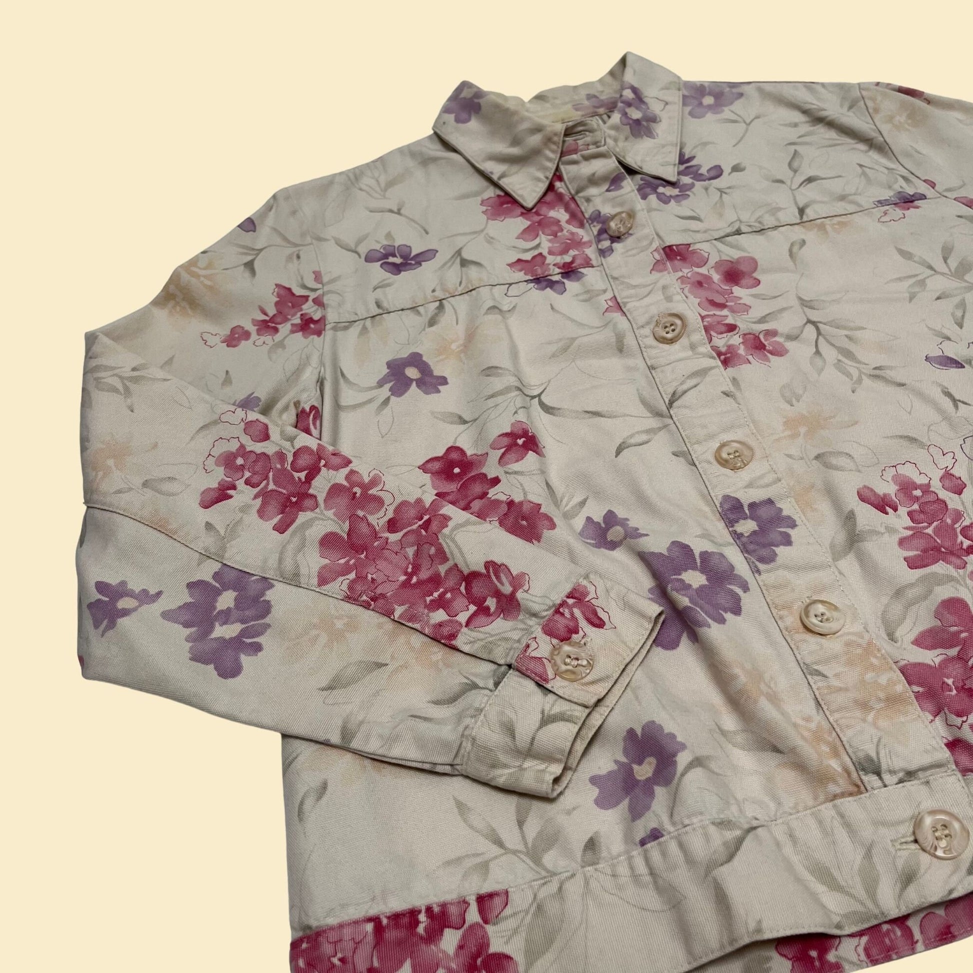 90s small floral shirt by Lemon Grass, vintage flower patterned women's button down, 1990s thick button down