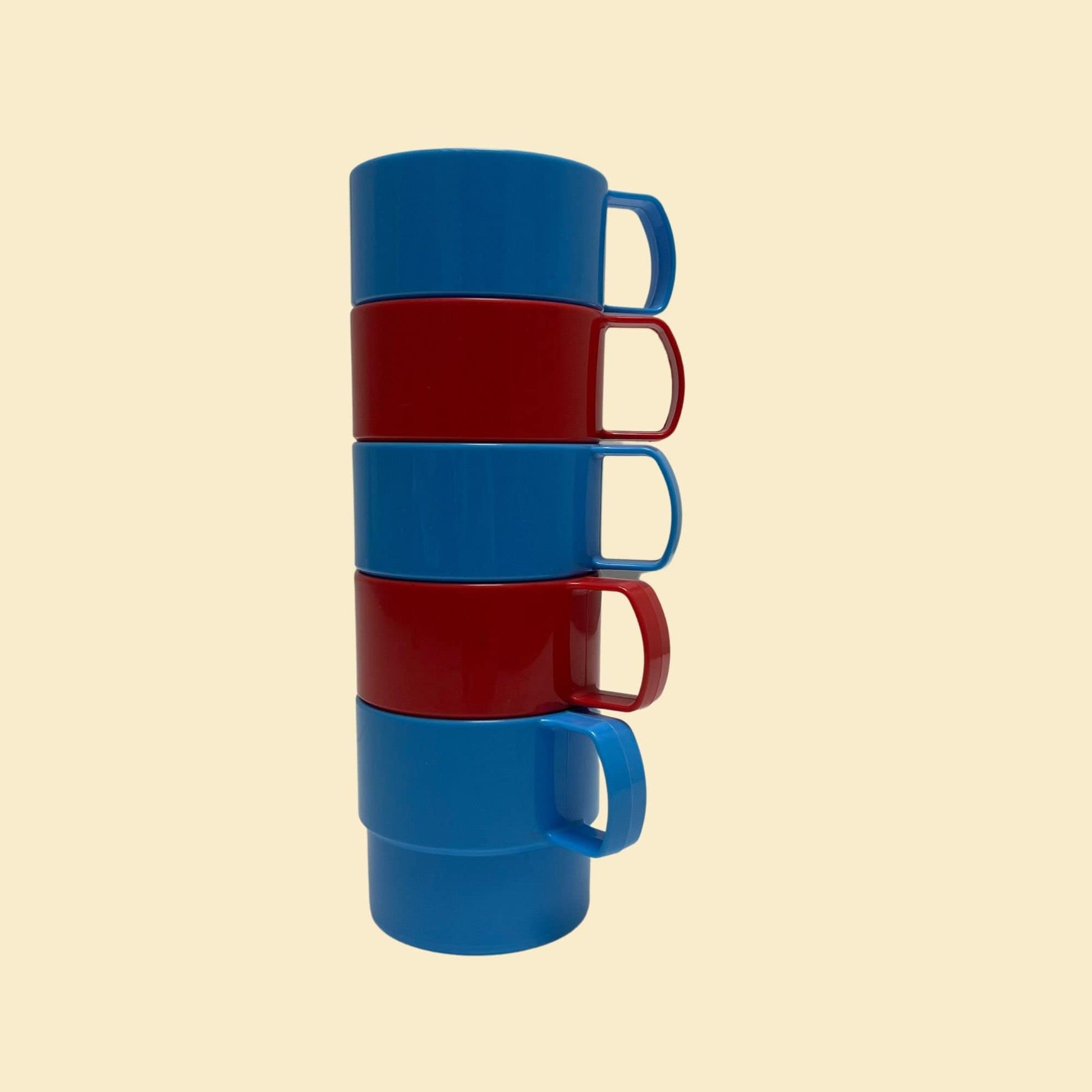 Vintage 70s Swedish plastic cups by Hammar Plast, 1970s stackable cups with handles, blue and red midcentury modern kitchenware