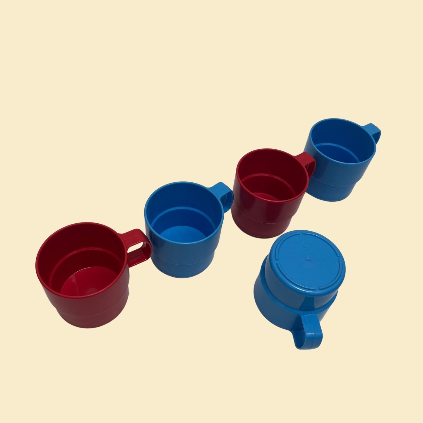 Vintage 70s Swedish plastic cups by Hammar Plast, 1970s stackable cups with handles, blue and red midcentury modern kitchenware