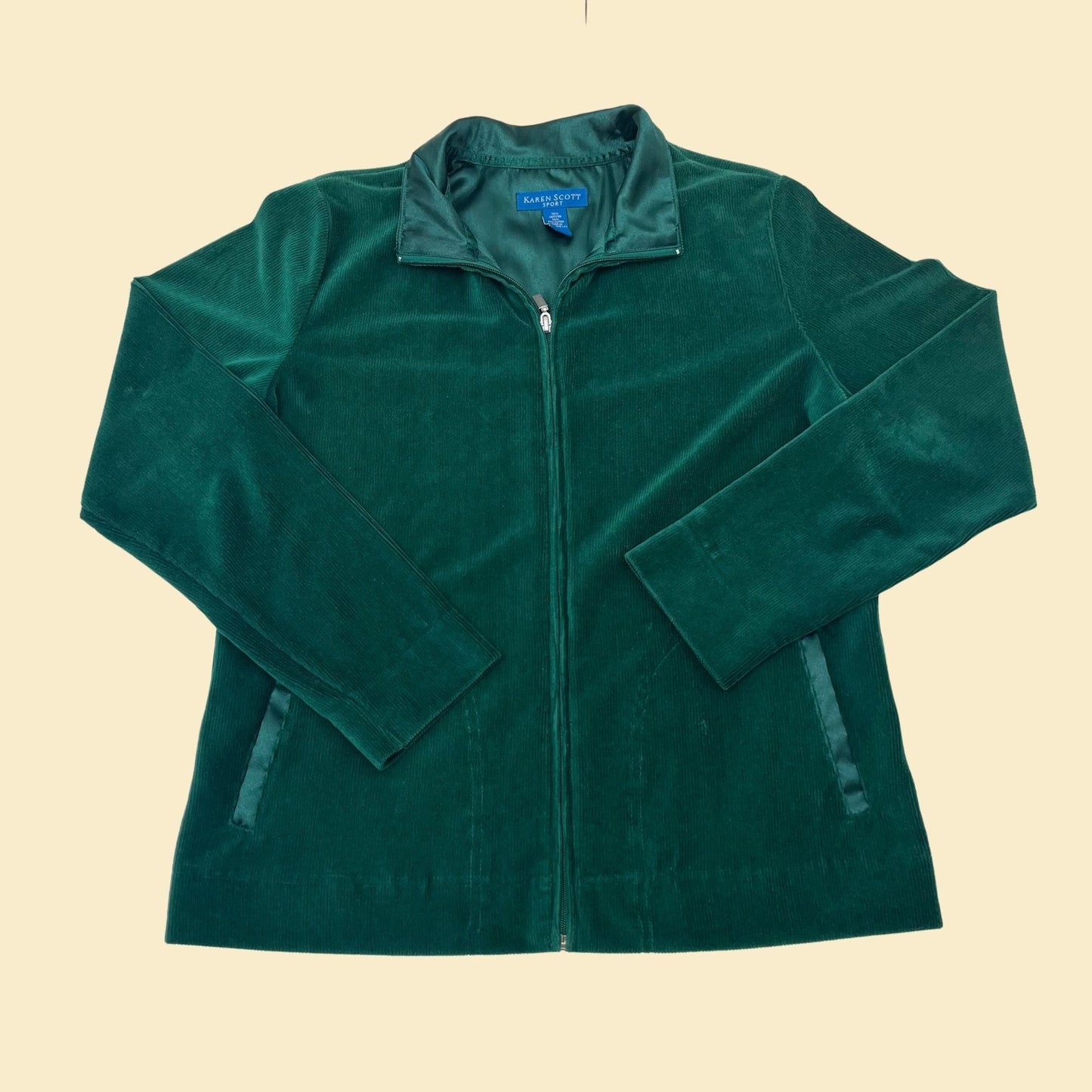90s green velour jacket by Karen Scott sport, vintage velour track jacket with pockets, 1990s women's lightweight zip up