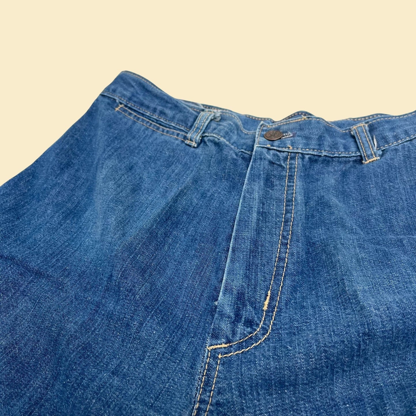 70s European Express jeans in size 15, vintage medium washed denim with slight flare, 1970s women's pants