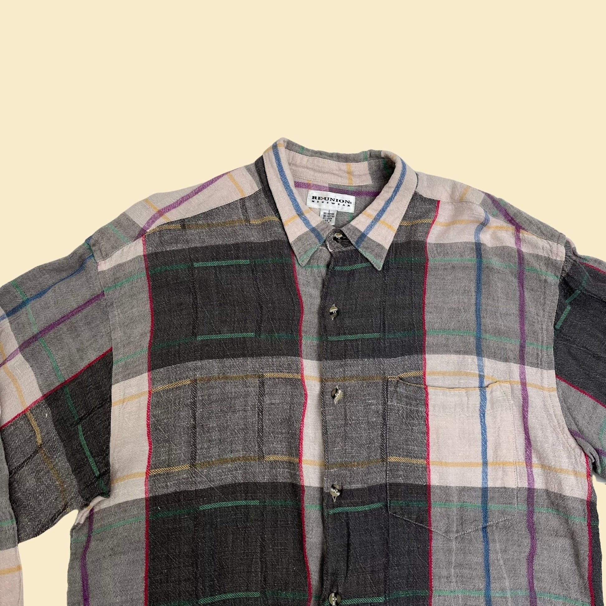 80s large linen shirt by Reunion Menswear, vintage plaid men's button down, 1980s grey pink and blue men's top