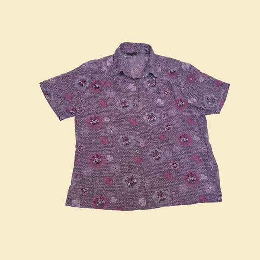 70s floral purple shirt with lucite glitter buttons, large vintage women's psychedelic 1970s blouse, flower patterned top