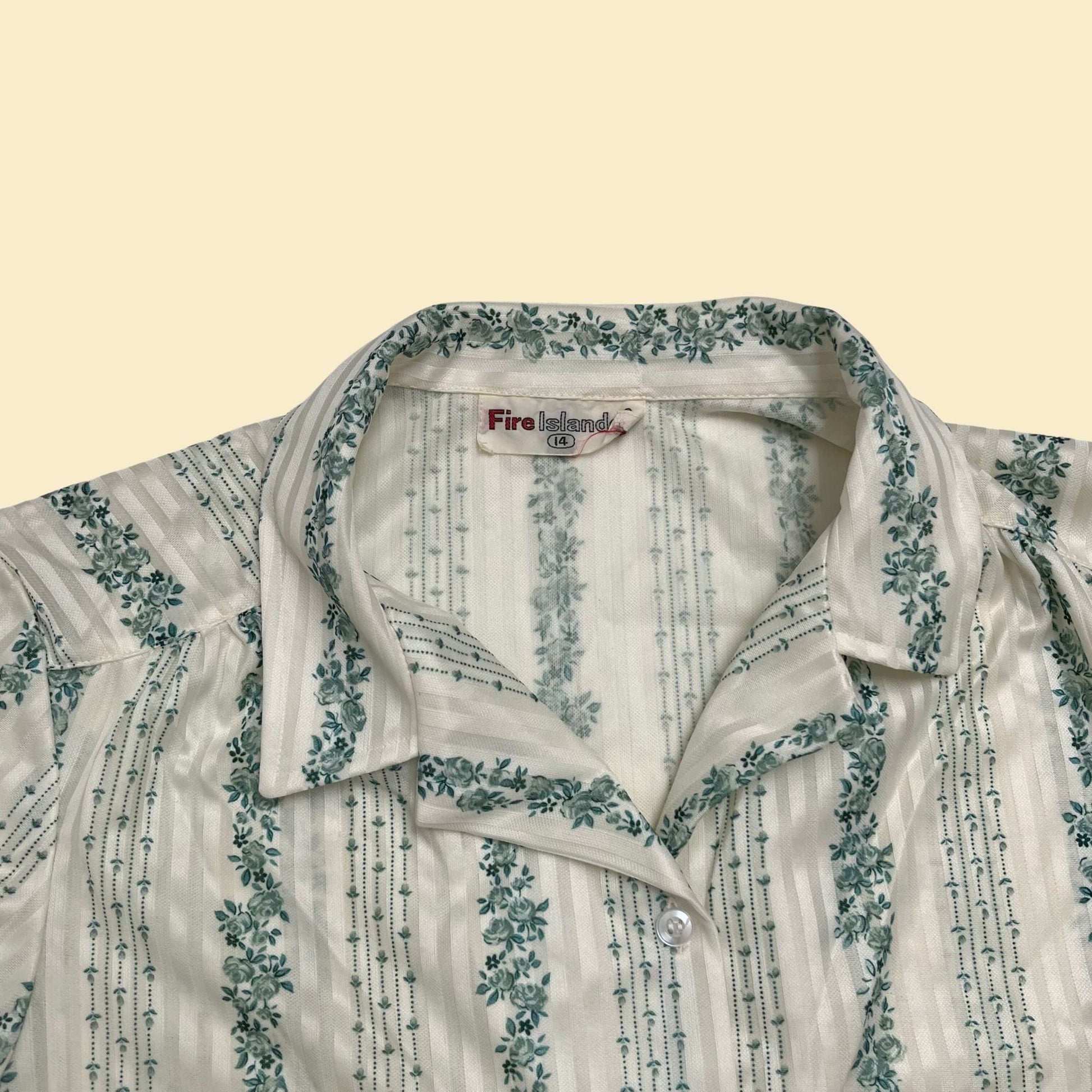 Vintage Fire Islander patterned shirt, 70s size 14 women's button down, green and ivory floral and striped blouse