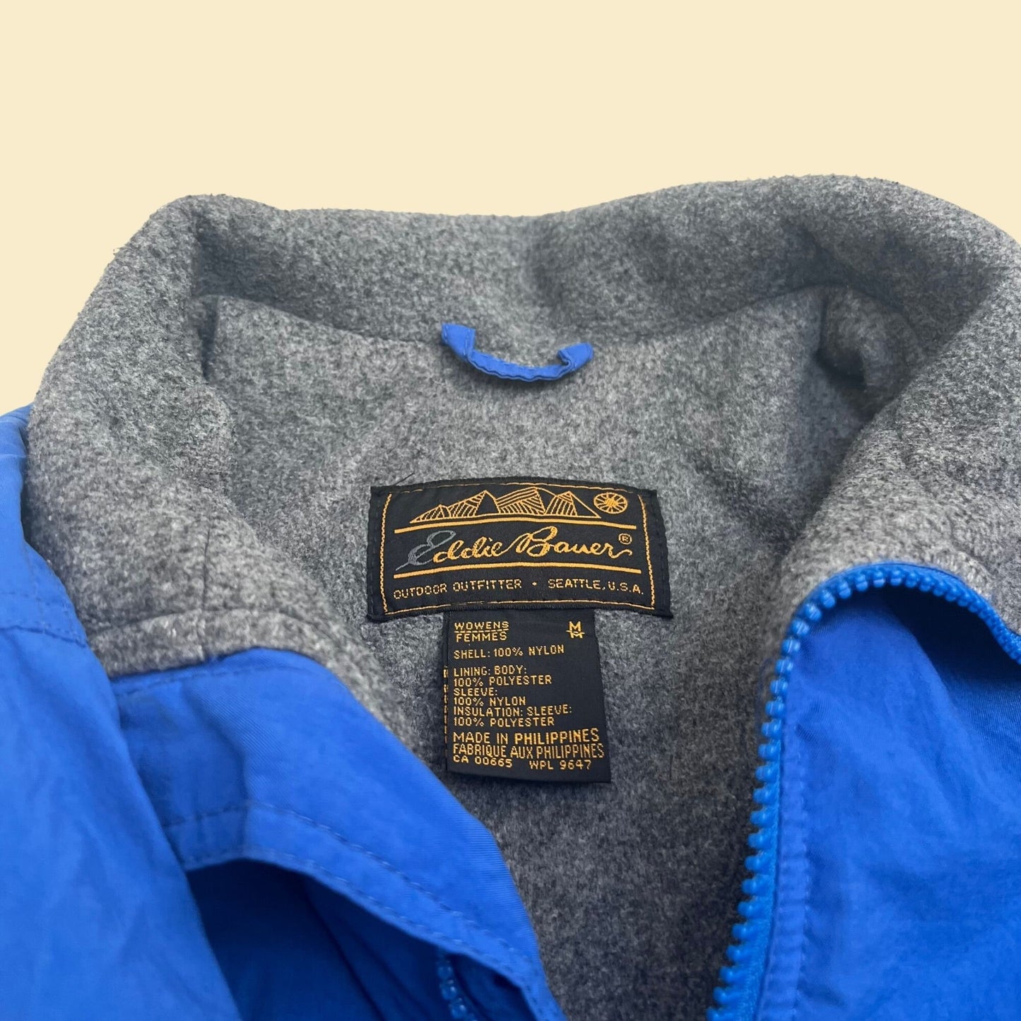 90s fleece lined nylon jacket by Eddie Bauer, medium women's vintage solid blue jacket, 1990s casual zip up windbreaker jacket