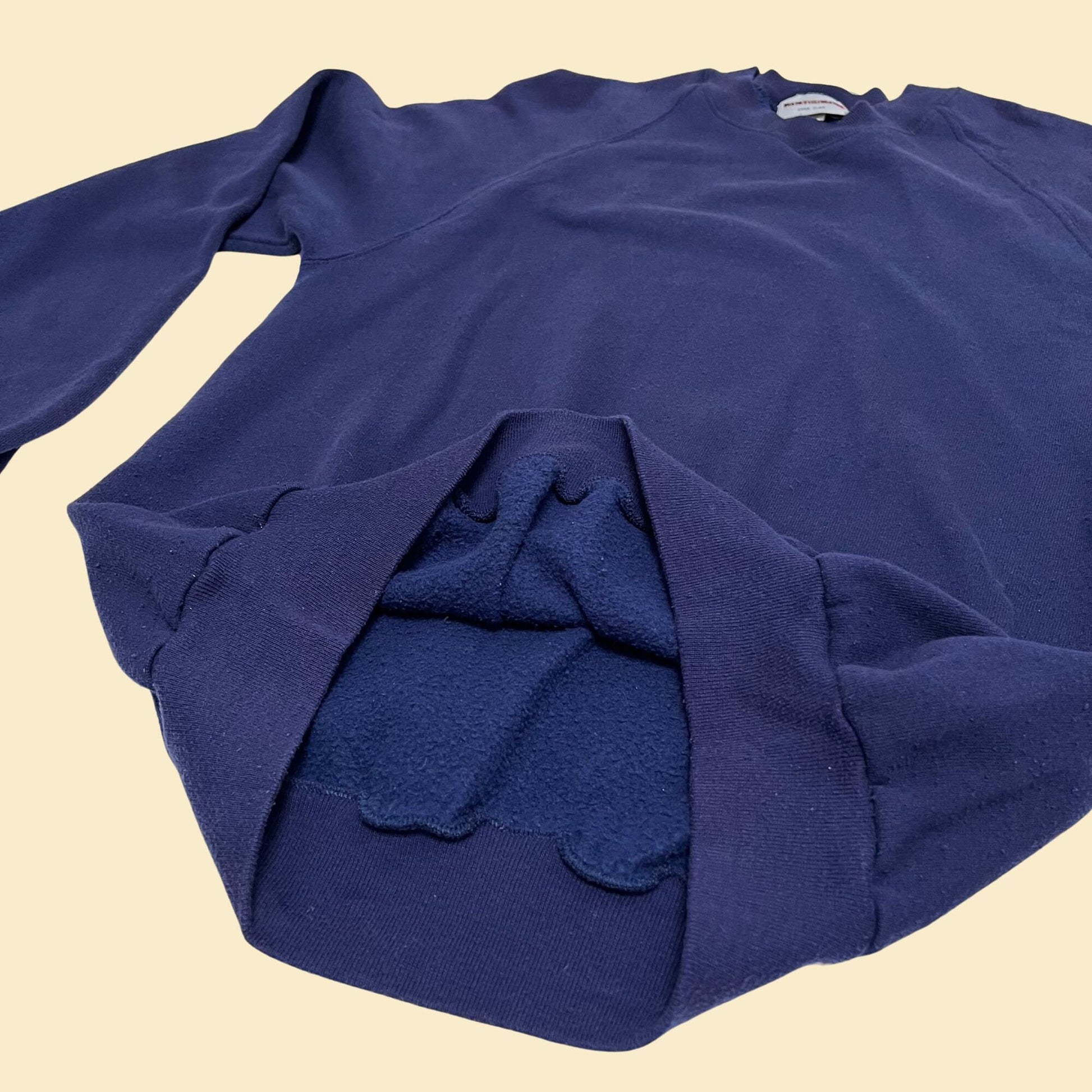 80s blue crewneck sweatshirt by Participant, large vintage dark blue pullover with fleece lining, 1980s soft crew sweatshirt