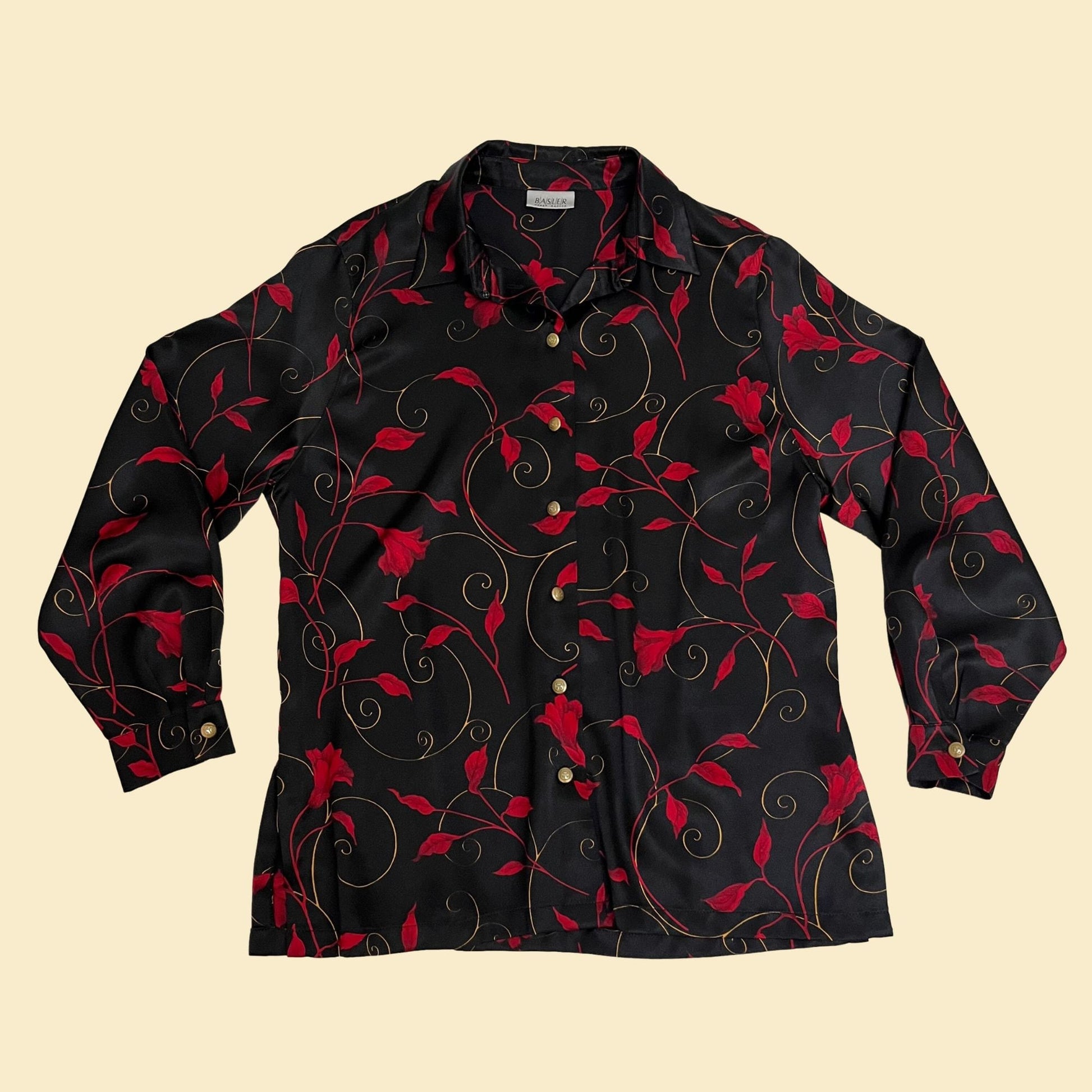 1980s patterned satin shirt by Horst Basler, vintage red and black floral blouse with brass buttons, 80s women's button down