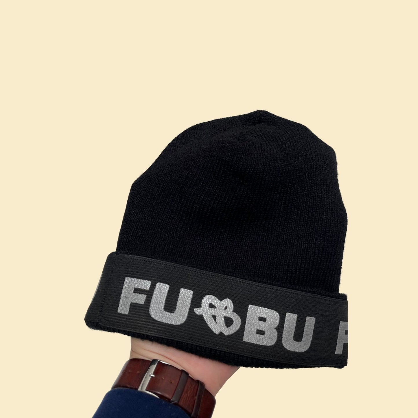 90s FUBU beanie, vintage 1990s knit FUBU hat with ribbed texture in black and grey/silver