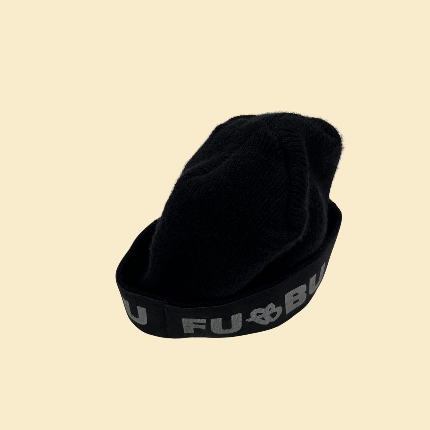 90s FUBU beanie, vintage 1990s knit FUBU hat with ribbed texture in black and grey/silver