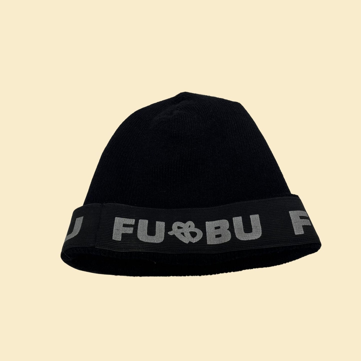 90s FUBU beanie, vintage 1990s knit FUBU hat with ribbed texture in black and grey/silver