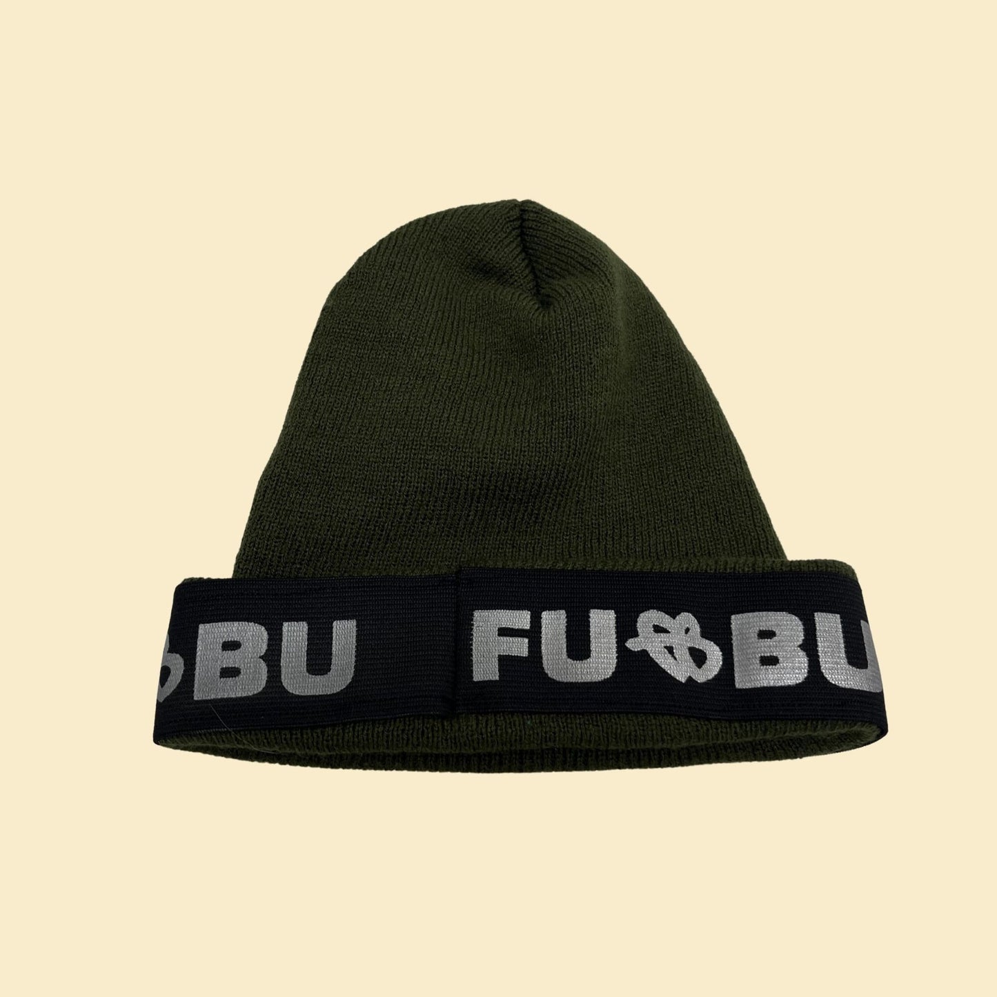 90s FUBU beanie, vintage 1990s knit FUBU hat with ribbed texture in hunter green and grey/silver