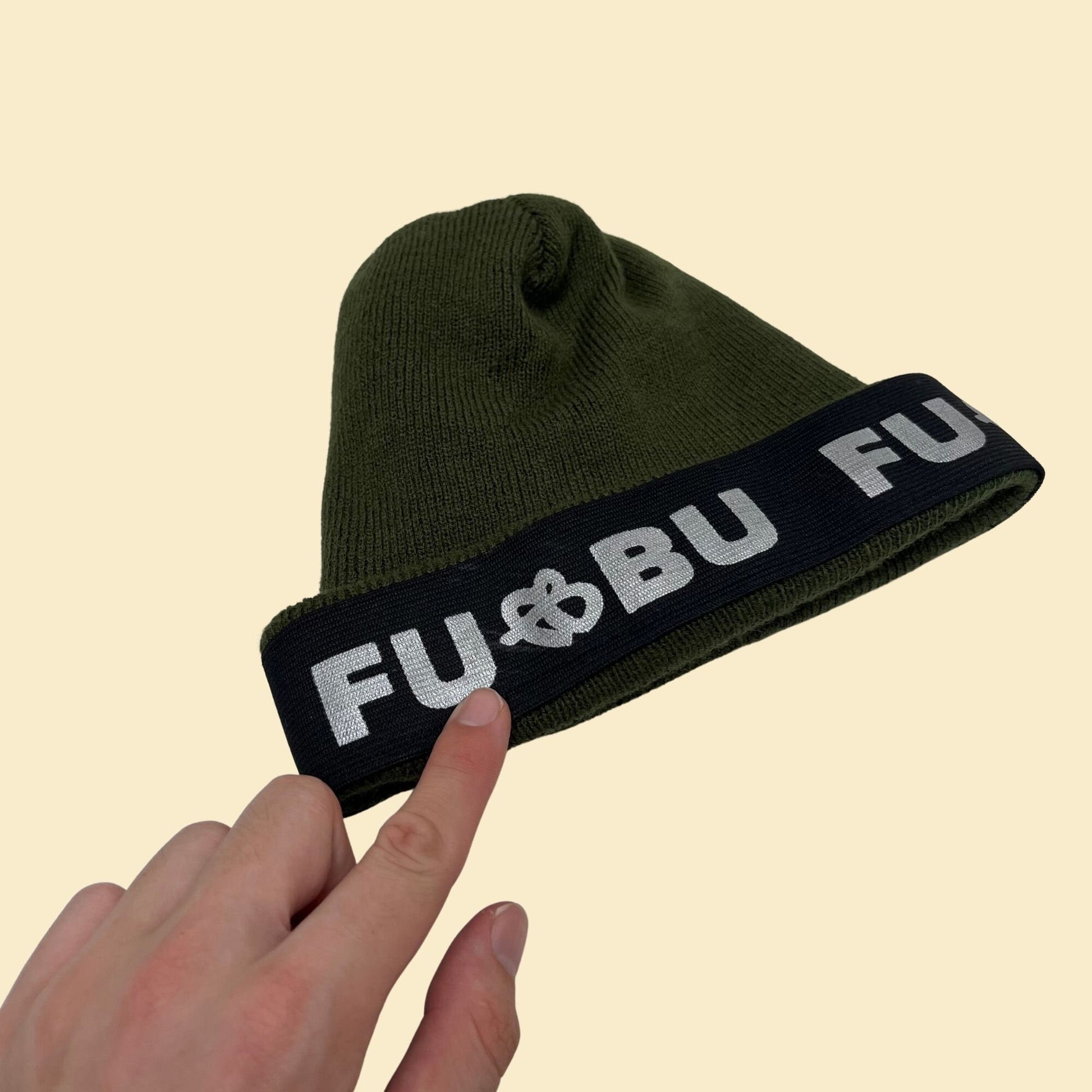 90s FUBU beanie, vintage 1990s knit FUBU hat with ribbed texture in hunter green and grey/silver