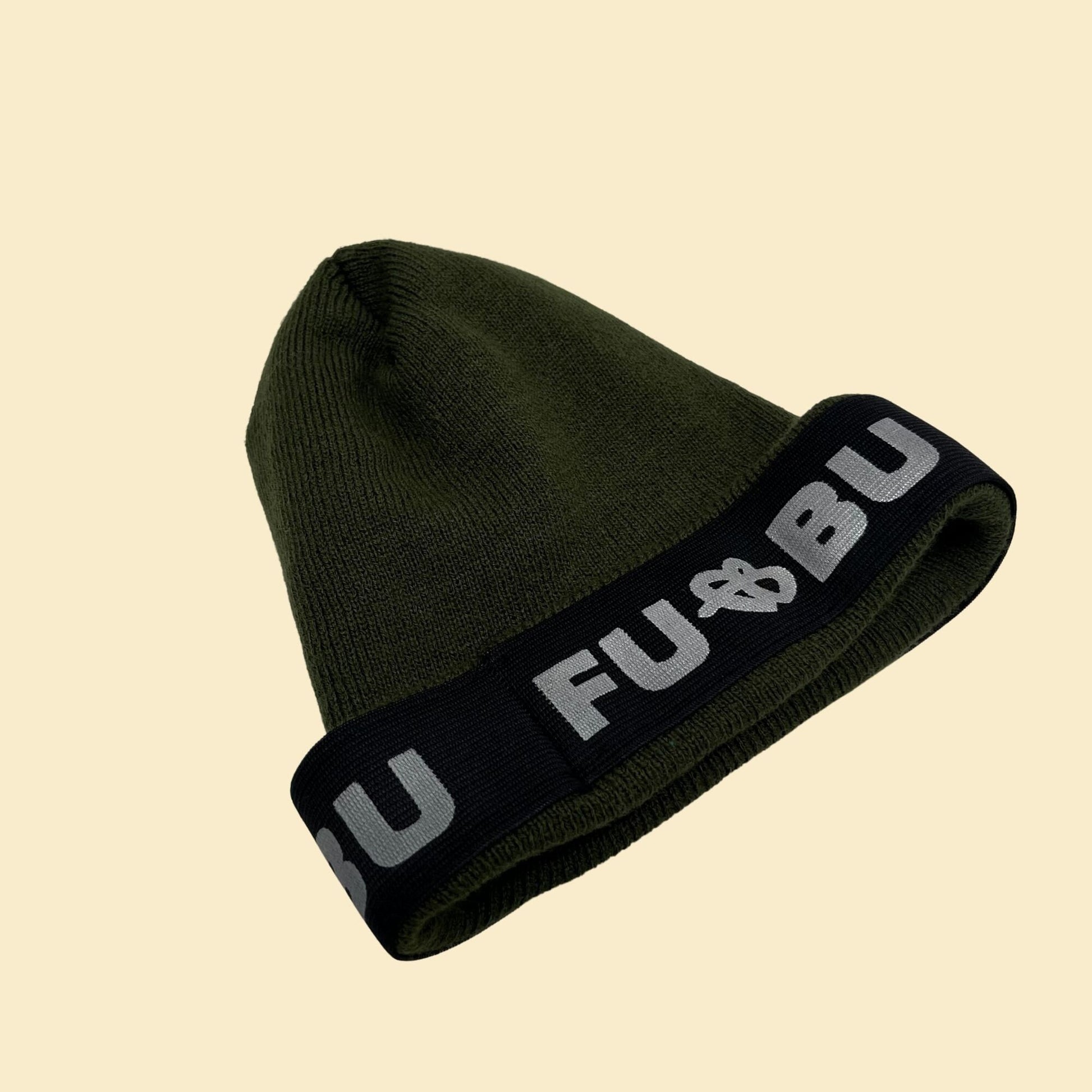 90s FUBU beanie, vintage 1990s knit FUBU hat with ribbed texture in hunter green and grey/silver