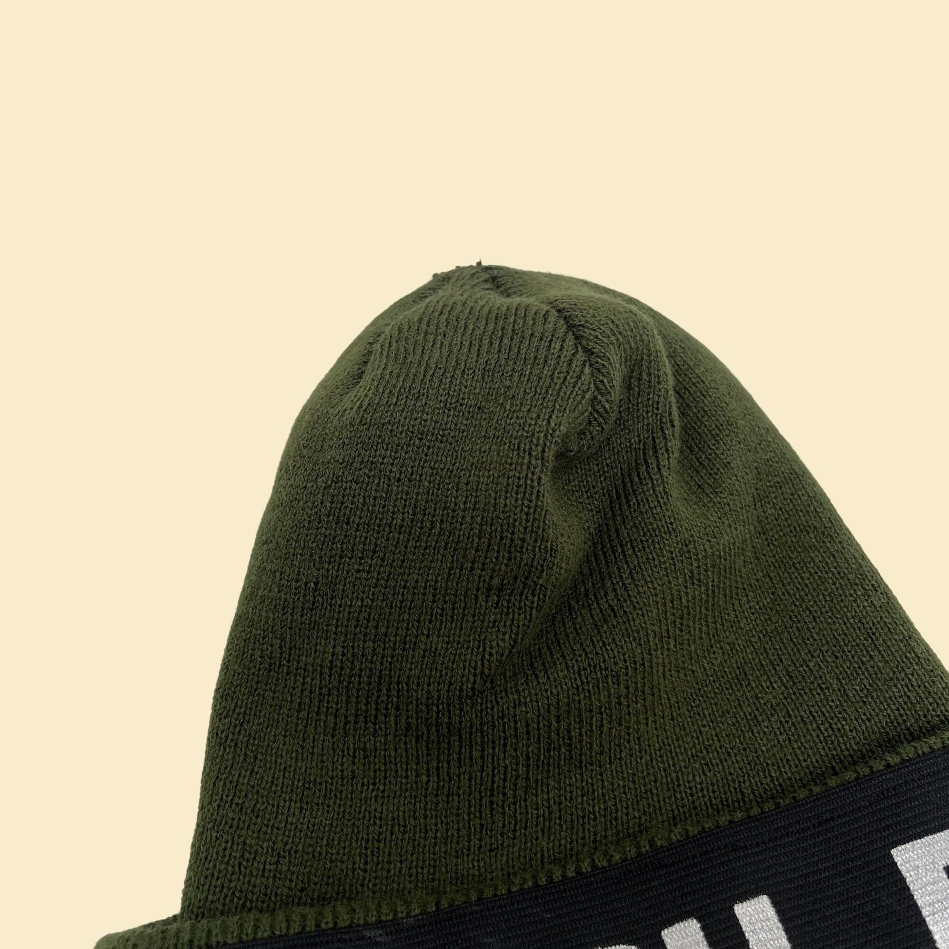 90s FUBU beanie, vintage 1990s knit FUBU hat with ribbed texture in hunter green and grey/silver