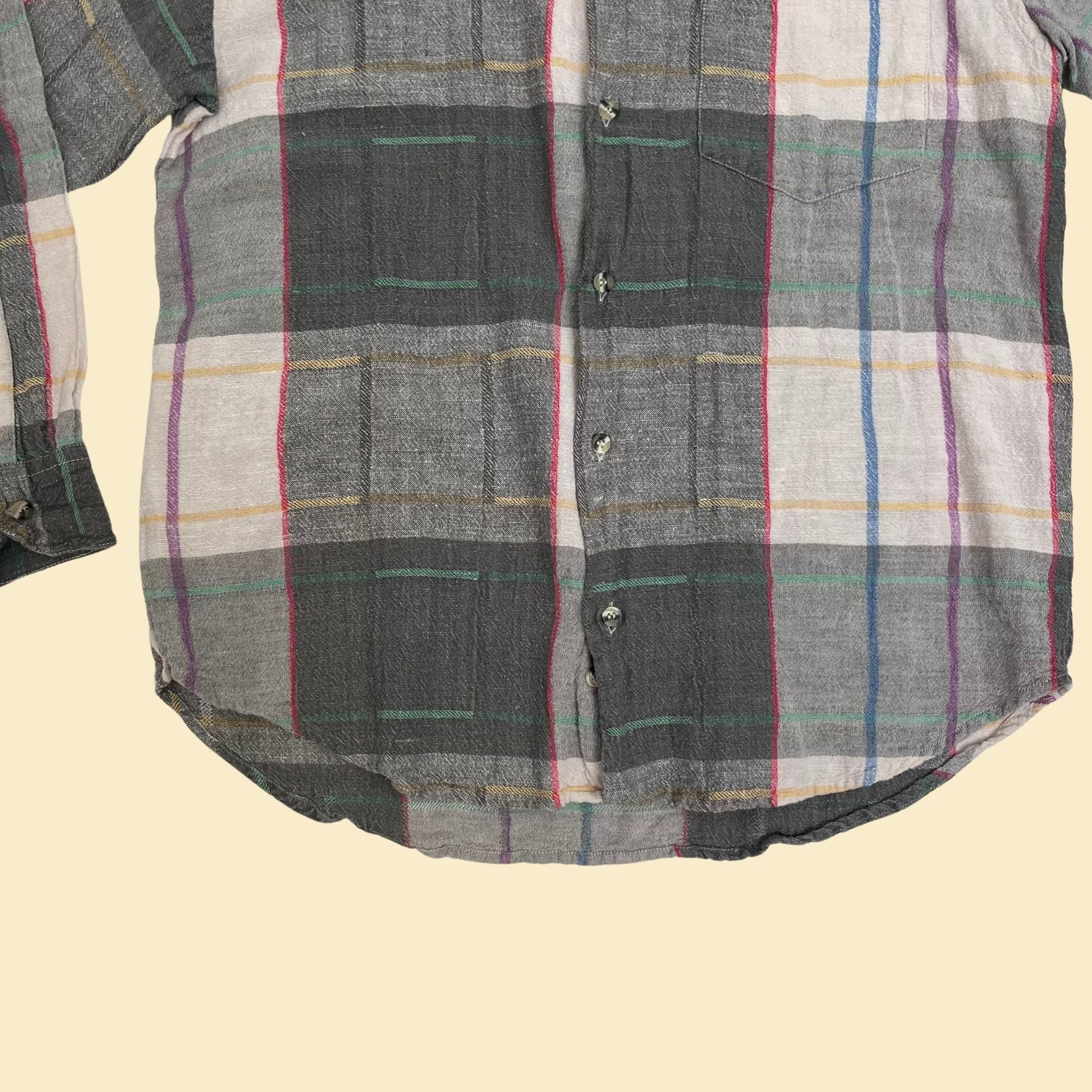 80s large linen shirt by Reunion Menswear, vintage plaid men's button down, 1980s grey pink and blue men's top