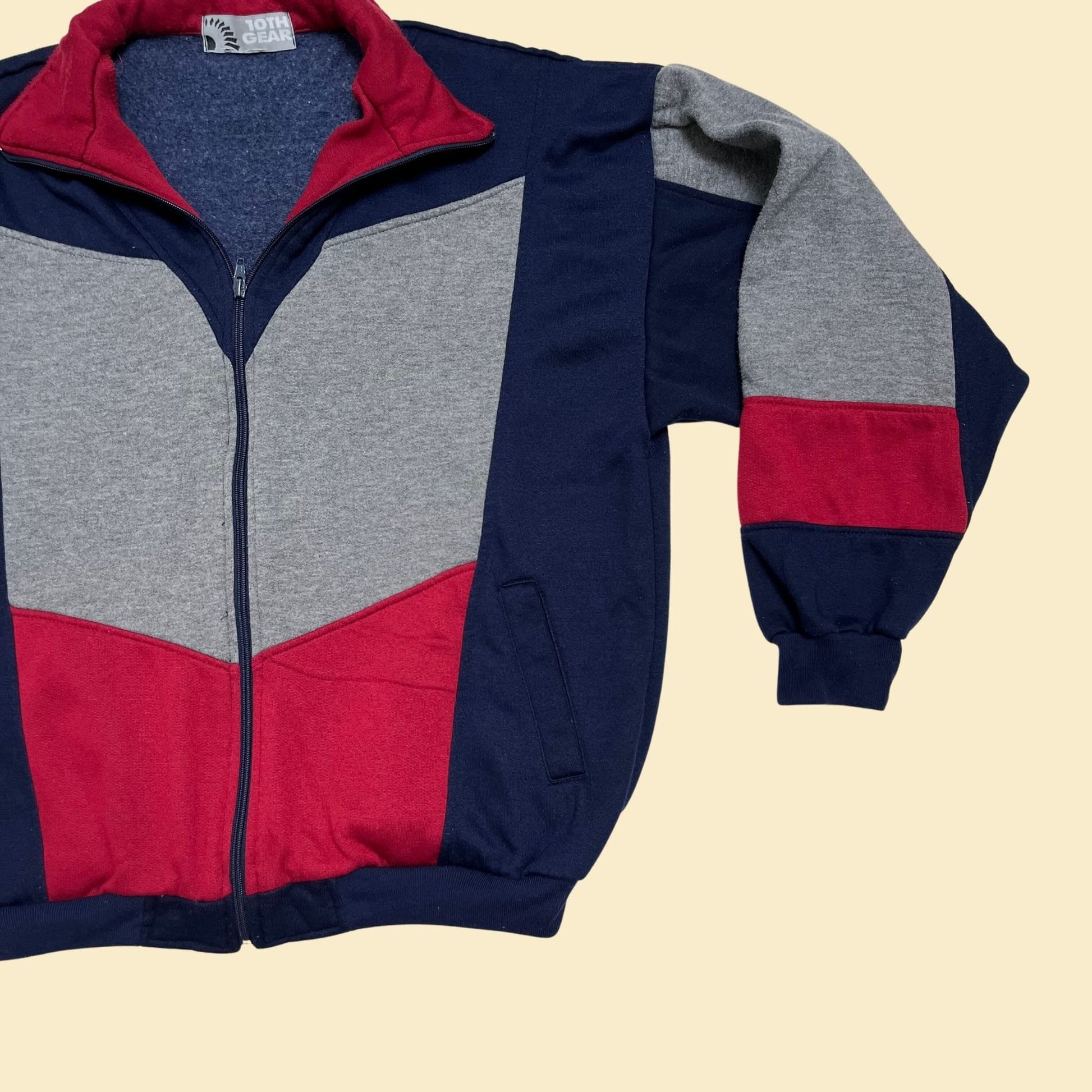 90s jacket with color block pattern by 10th gear, vintage 1990s red grey and blue zip up fleece