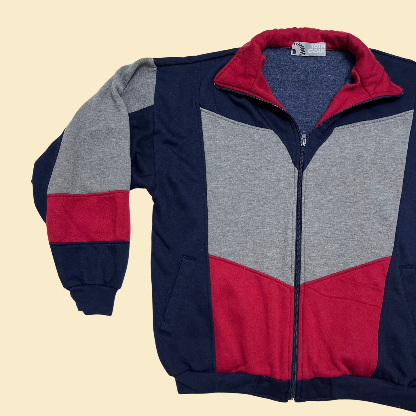 90s jacket with color block pattern by 10th gear, vintage 1990s red grey and blue zip up fleece