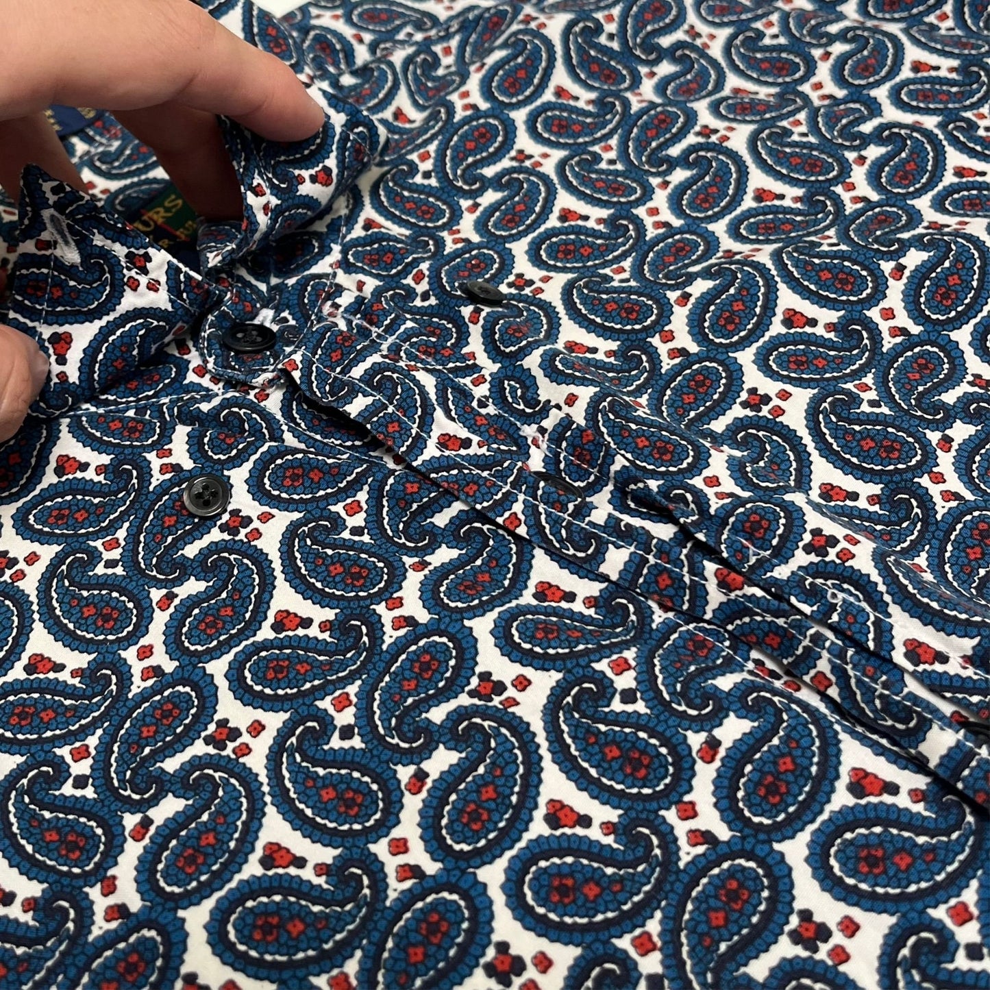 90s paisley men's shirt by Colours by Alexander Julian, vintage patterned medium short sleeve button down, 1990s blue white and red shirt