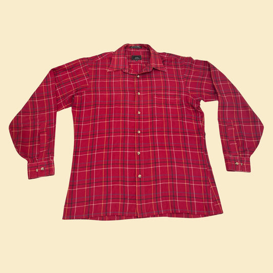 80s medium John Henry men's shirt, vintage thin red flannel with plaid pattern, 1980s men's button down patterned top