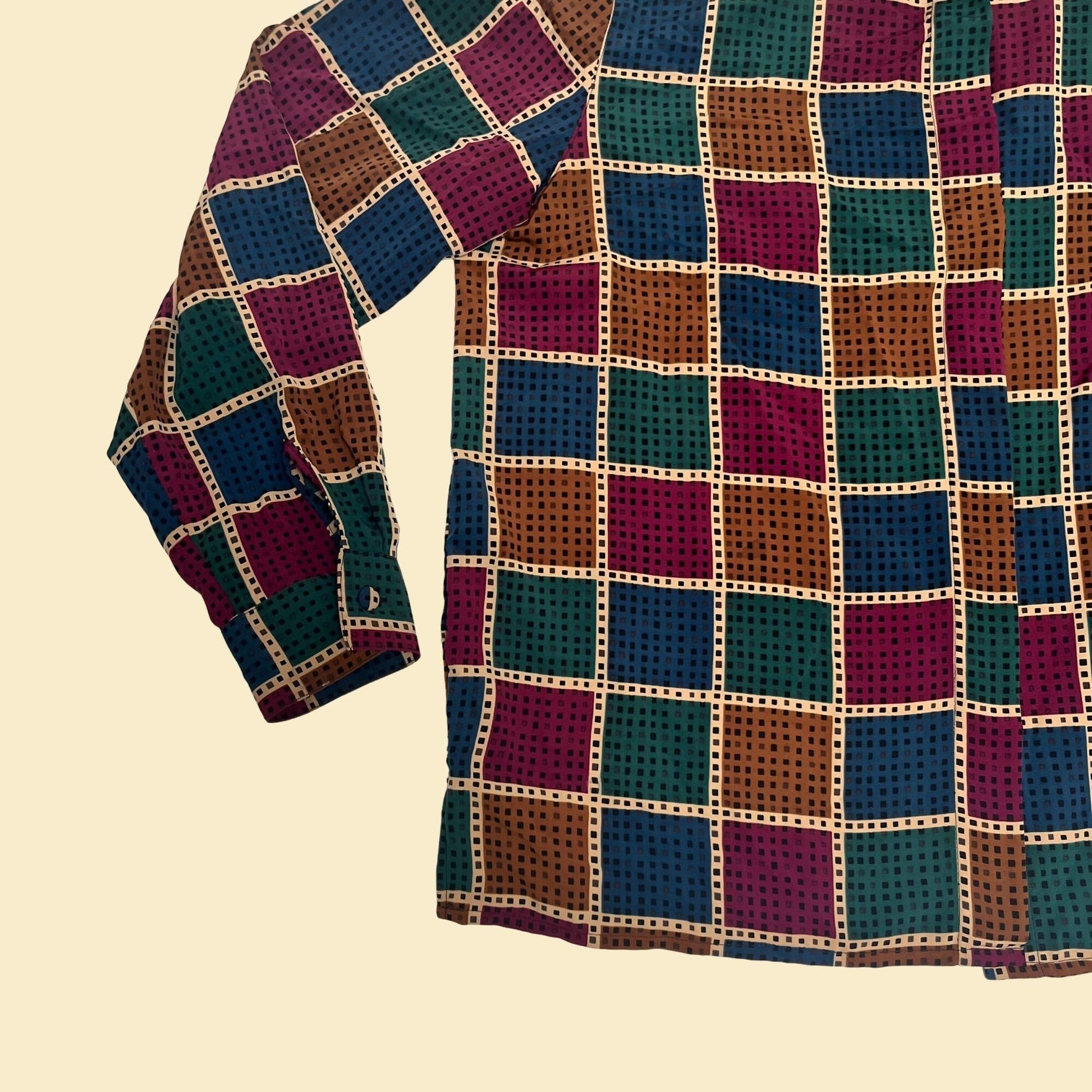 80s geometric blouse by Alfred Dunner in jewel toned block and polka dot pattern, vintage 1980s size 16 women's long sleeve shirt