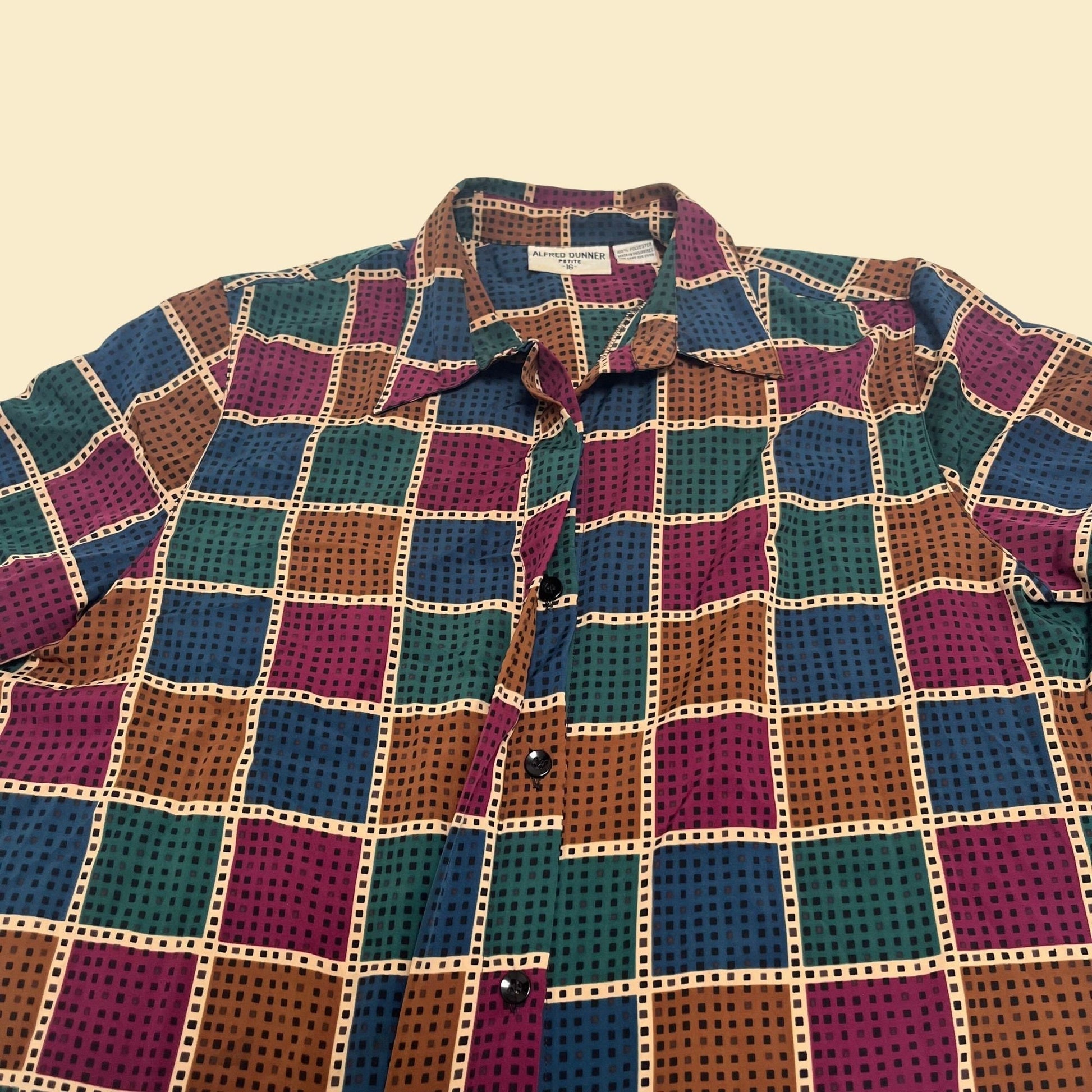 80s geometric blouse by Alfred Dunner in jewel toned block and polka dot pattern, vintage 1980s size 16 women's long sleeve shirt