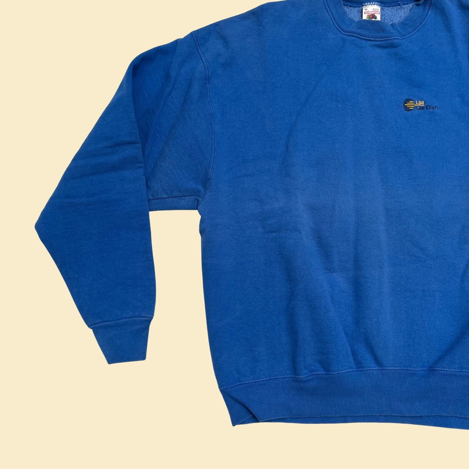 90s XL blue crewneck by Fruit of the Loom, extra large vintage pullover sweatshirt, 1990s embroidered crew made in USA