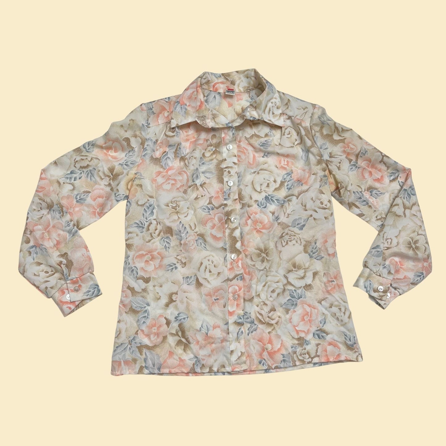 70s floral button down by Cadisport, vintage 1970s flower patterned women's shirt