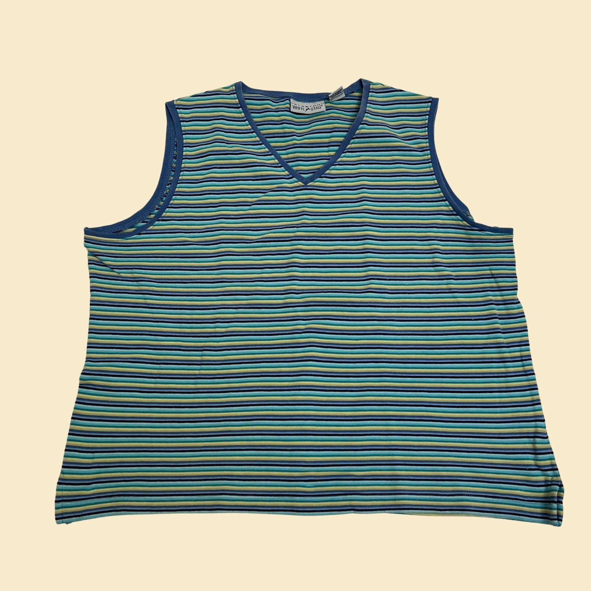 90s striped tank top in women's XL by White Stag, vintage 1990s sleeveless tee with green and blue stripes