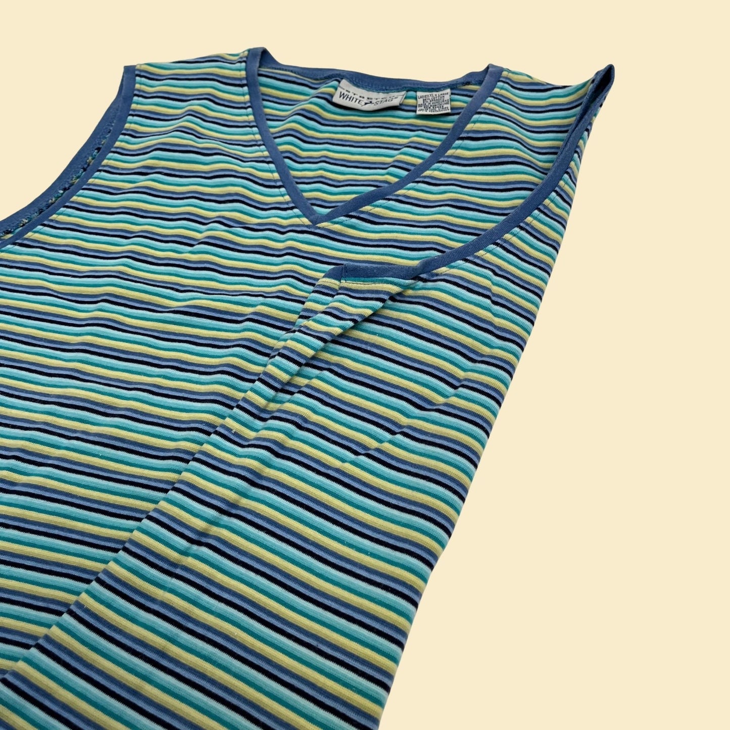 90s striped tank top in women's XL by White Stag, vintage 1990s sleeveless tee with green and blue stripes