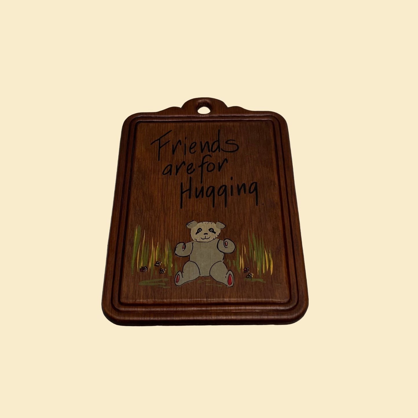 70s wooden bear wall plaque with 'Friends are for Hugging', vintage 1970s wood decor