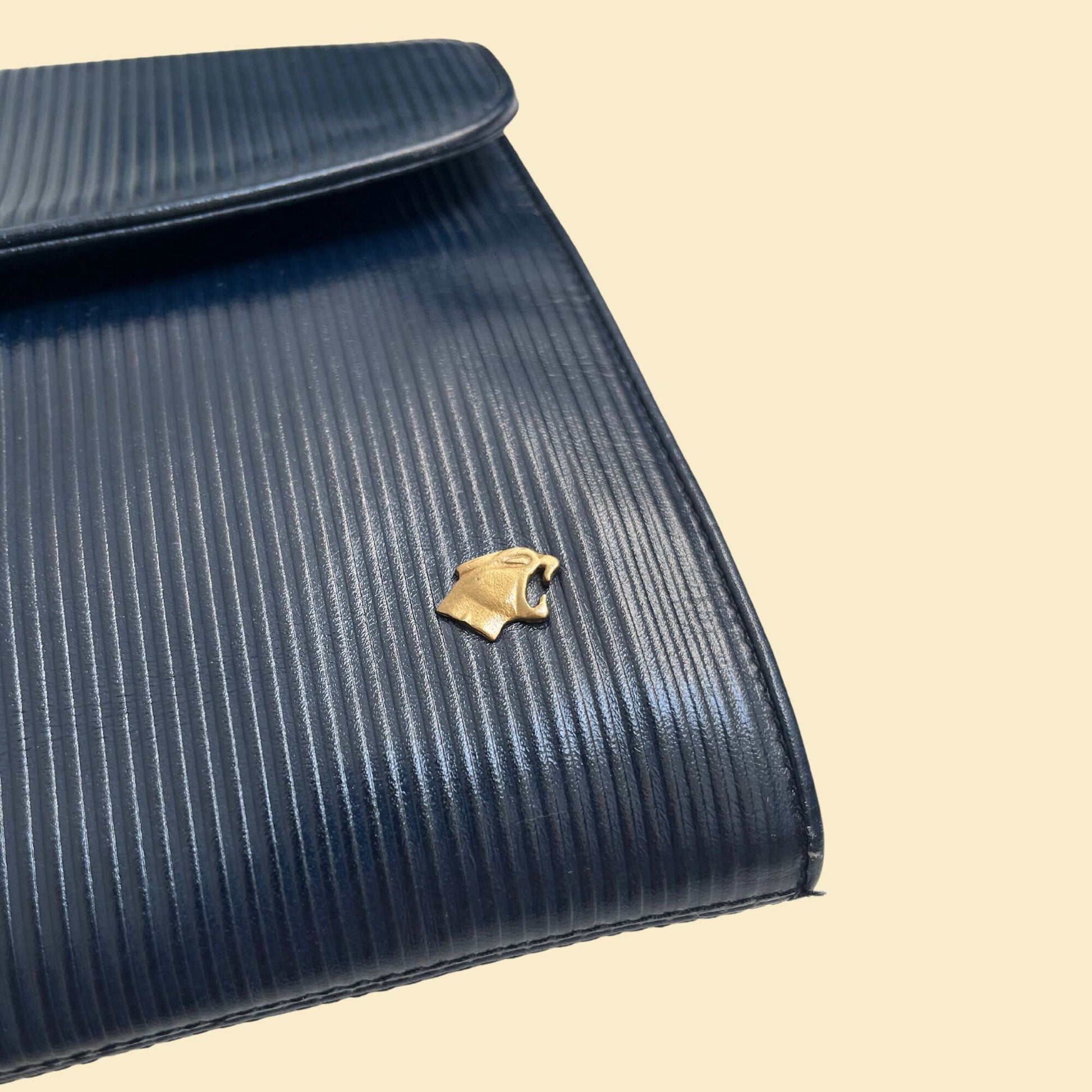 70s leather blue handbag by Bagheera, Made in Italy envelope bag with shoulder strap, 1970s clutch purse