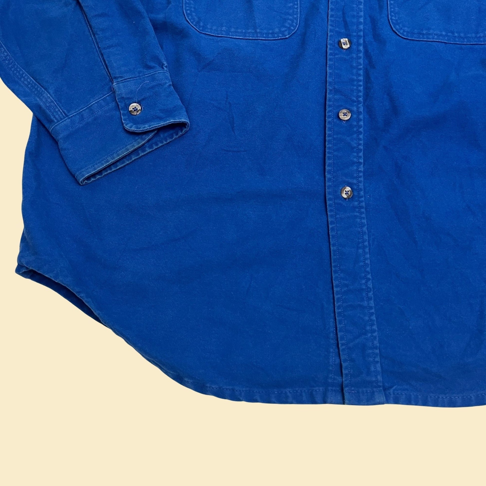 90s Carhartt blue shirt, Union Made in USA, 'Rugged outdoor wear' blue button down with long sleeves