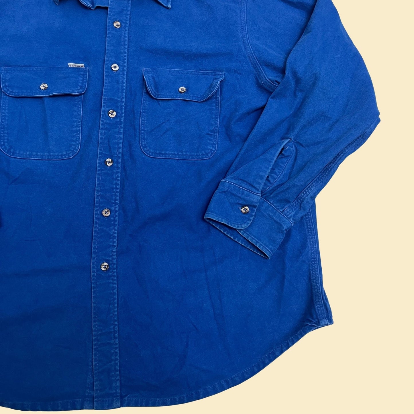 90s Carhartt blue shirt, Union Made in USA, 'Rugged outdoor wear' blue button down with long sleeves