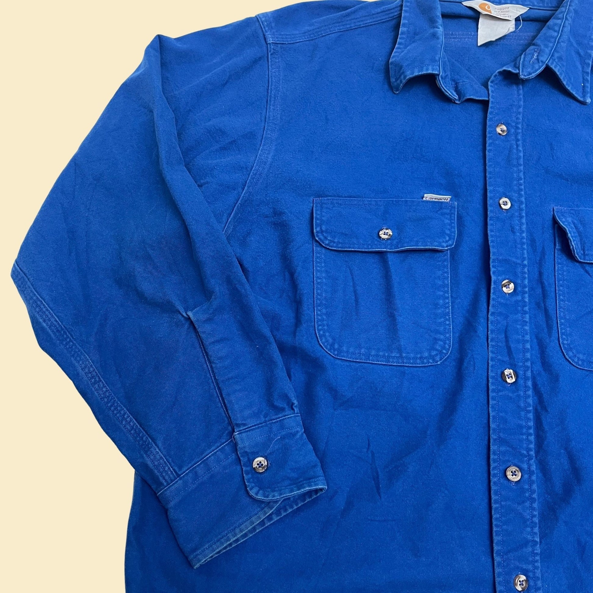 90s Carhartt blue shirt, Union Made in USA, 'Rugged outdoor wear' blue button down with long sleeves